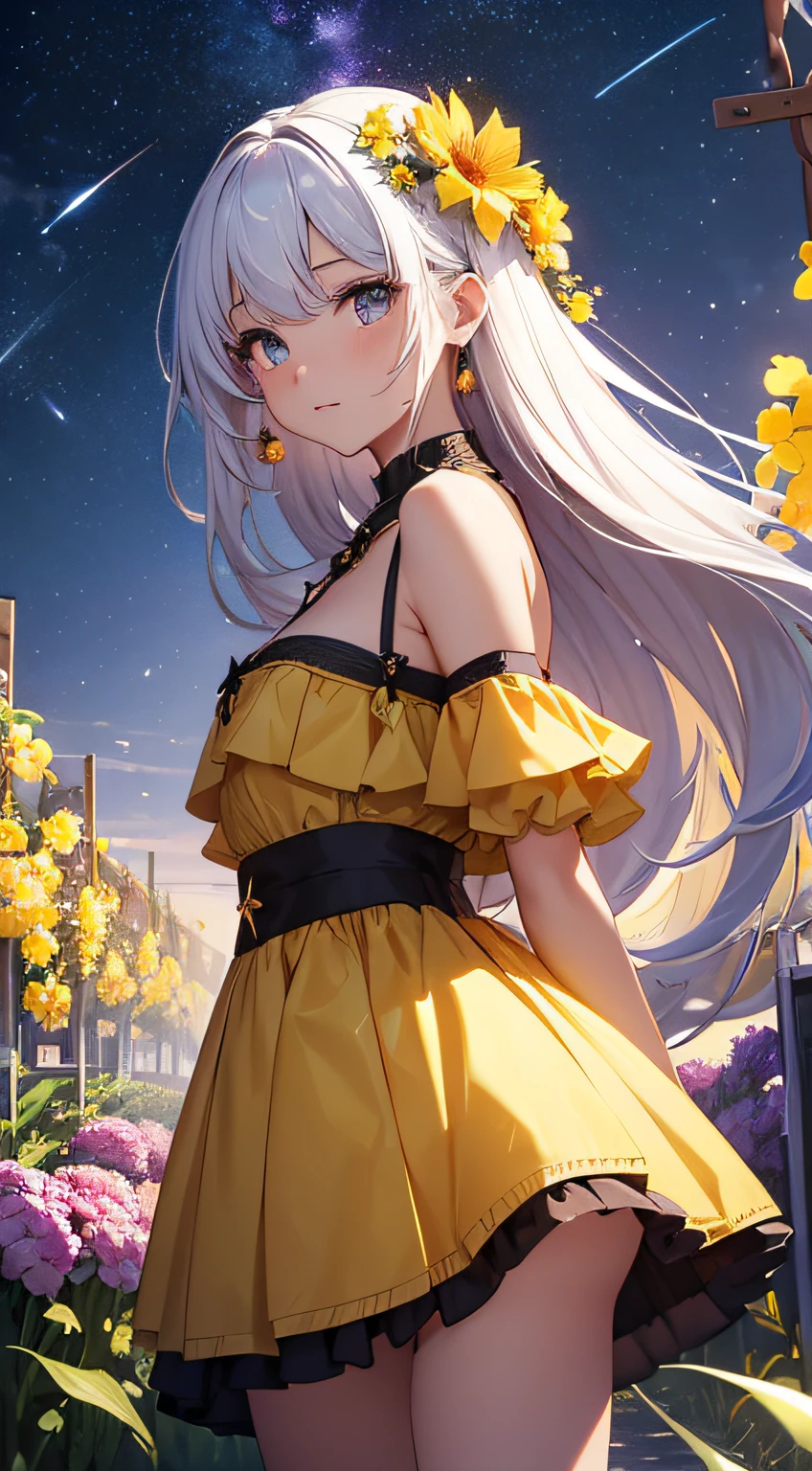 (巨作:1.2), (Best quality:1.2), 1girll, (Single person:1.2)，Cowboy shot, Upper body body，(Cinematic light:1.2)，(Perfect Hand 1.5)， Slender beautiful legs，Golden hair，short detailed hair，Wear white flowers on your head，Playful，Hide hands，(Prairie under the stars:1.2)，lumnious_Genshin_impact,