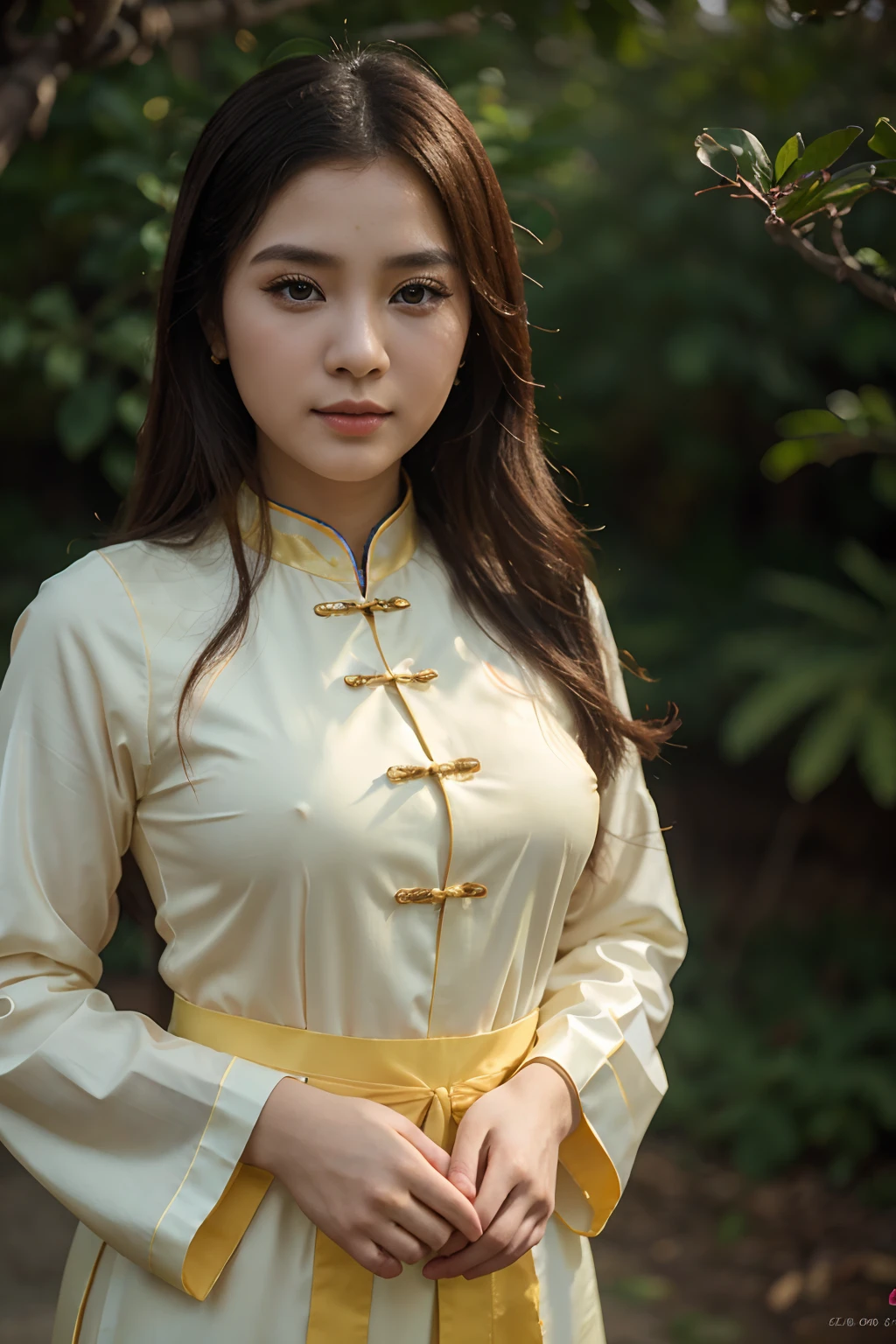 ultra quality , 4K , a young girl , nice face wear vietnamese traditional Ao Dai , directly looking