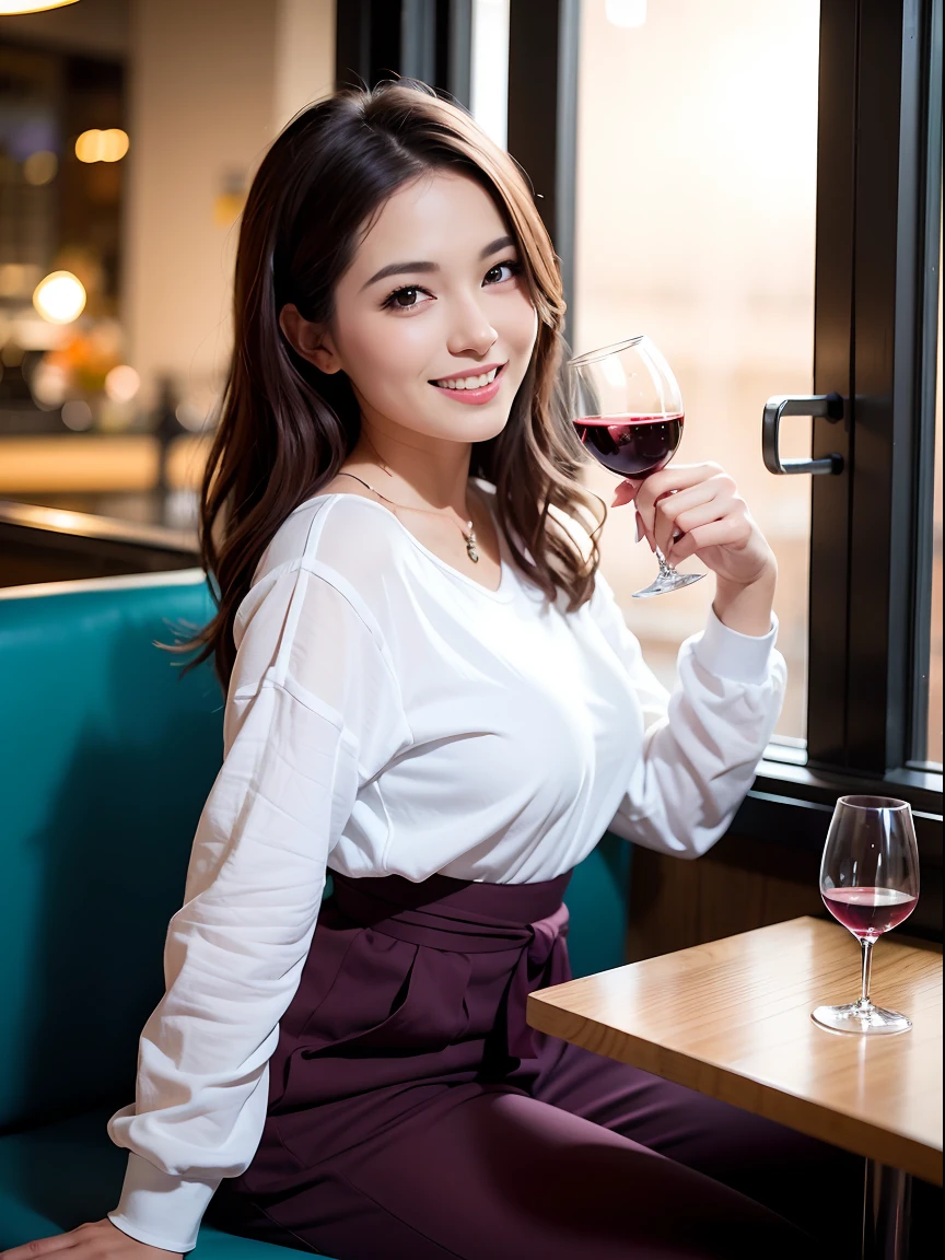 (64K, UHD, top quality, masterpiece: 1.2), (realistic, photorealistic: 1.37), super detailed, pretty woman 1, (slim face), (slim body), (brown hair), (short cut), cheeks slightly blushing, (40 years old), 38 years old, solo, beautiful detailed urban night view outside the window, restaurant, wine glass sitting, at night, in a prominent place (from the waist up) NovaFrogStyle, Actress, Model, Waist Up, White Wine, Slim, Wine Glass, Super Clean Night View, Wine Glass Put in the Middle, Happy Smile, (Smile: 1.15), Beautiful Fine Eyes, Upper Body, Bust Japan Up, Night, Short, Short, Actress, Model, Waist Up, White Wine, Slim, Wine Glass, Super Clean Night View, Wine Glass Put in the Middle, Happy Smile,