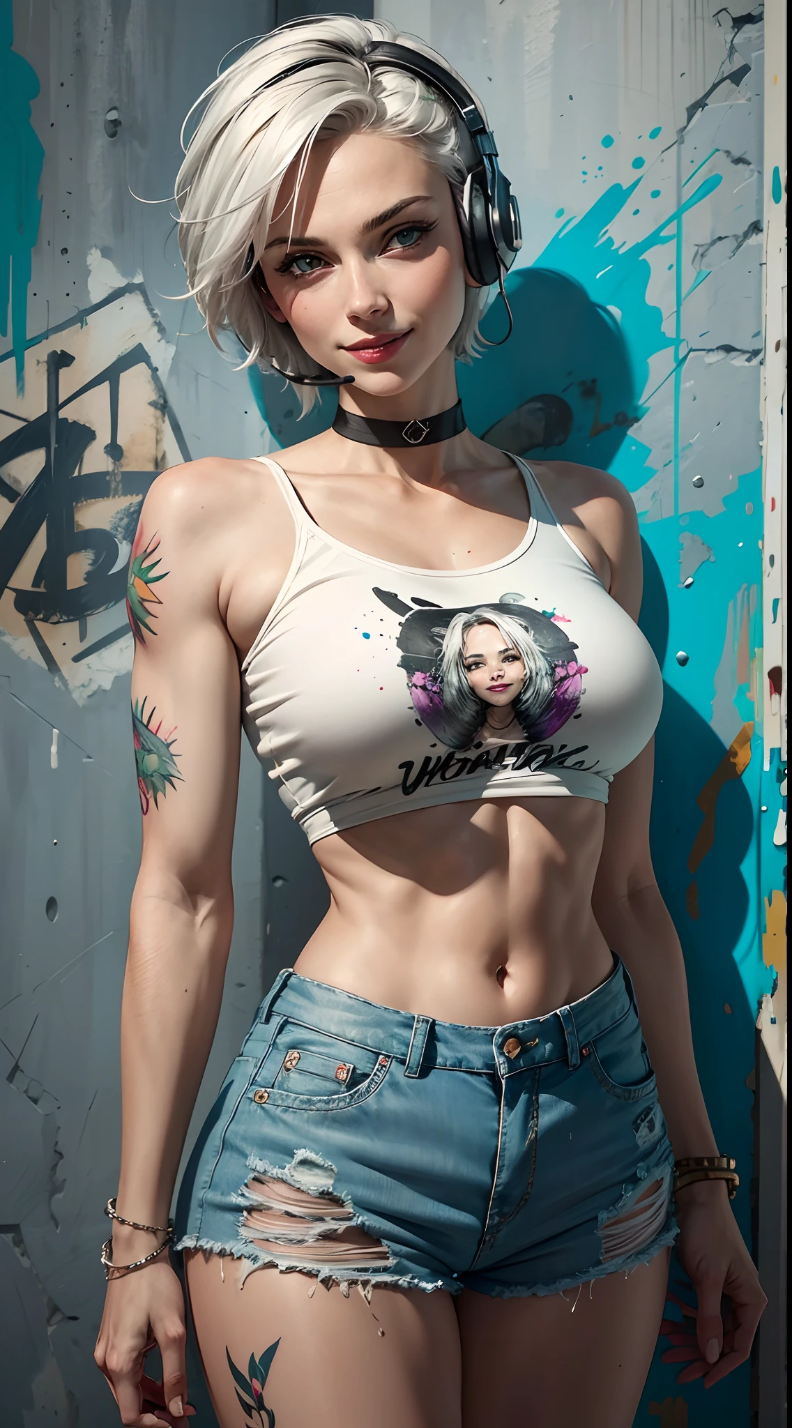 masterpiece, best quality, aunt shows herself with a rather slender figure. She has grey-white hair , crazy smile, small breasts, She has short hair and big pale green eyes, crop top, denim shorts, choker, (grafity:1.5), paint splatter, arms behind back, against the wall, looking at the Viewer, bracelet, tattoo on upper arm, head tilt, bored, headset,