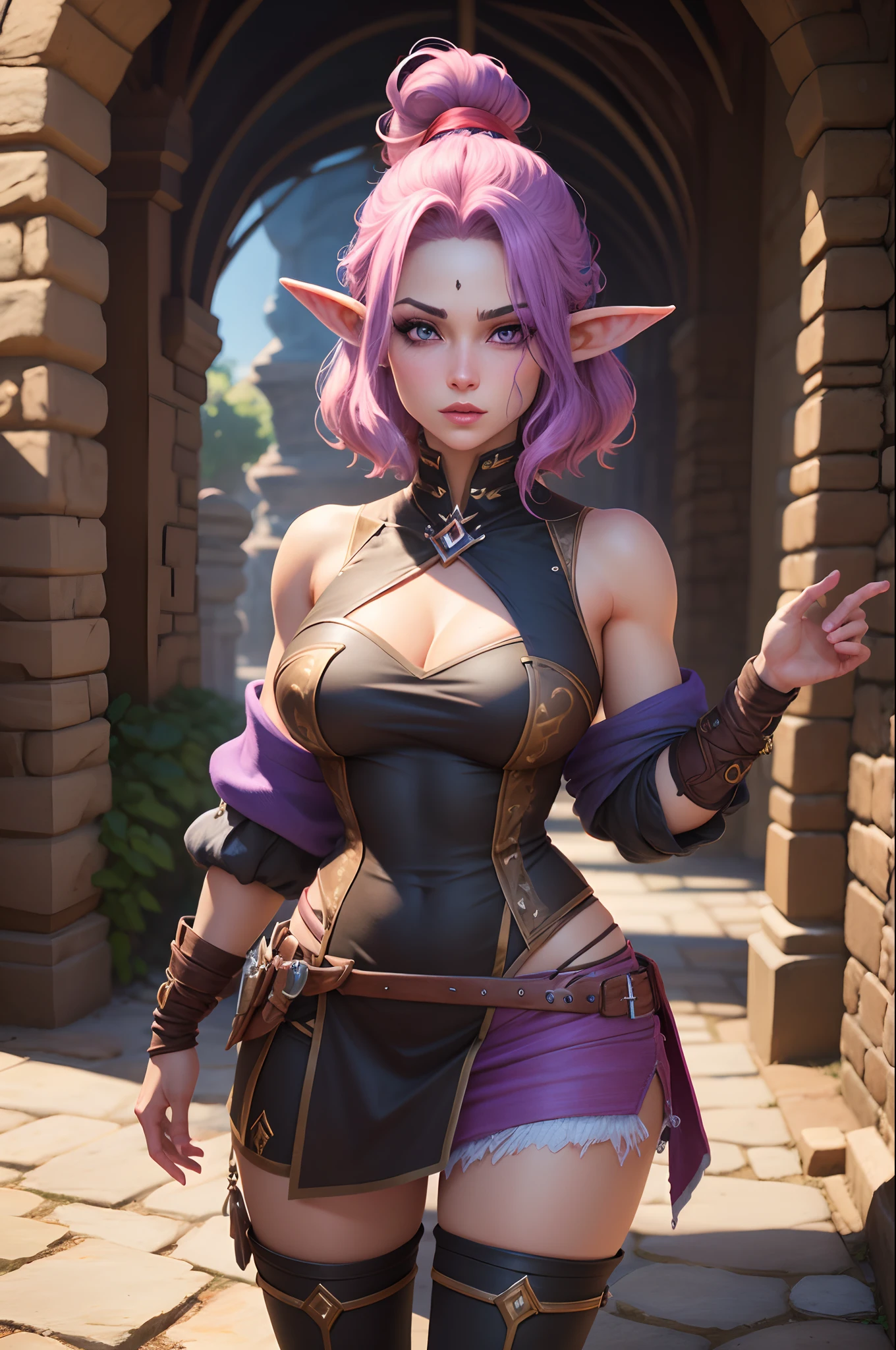 mulher elfo, cabelo longo rosado com uma franja,olhos violeta escuro,roupa preta ajustada,seios grandes, cabelo longo, estilo de desenho videogame 3D