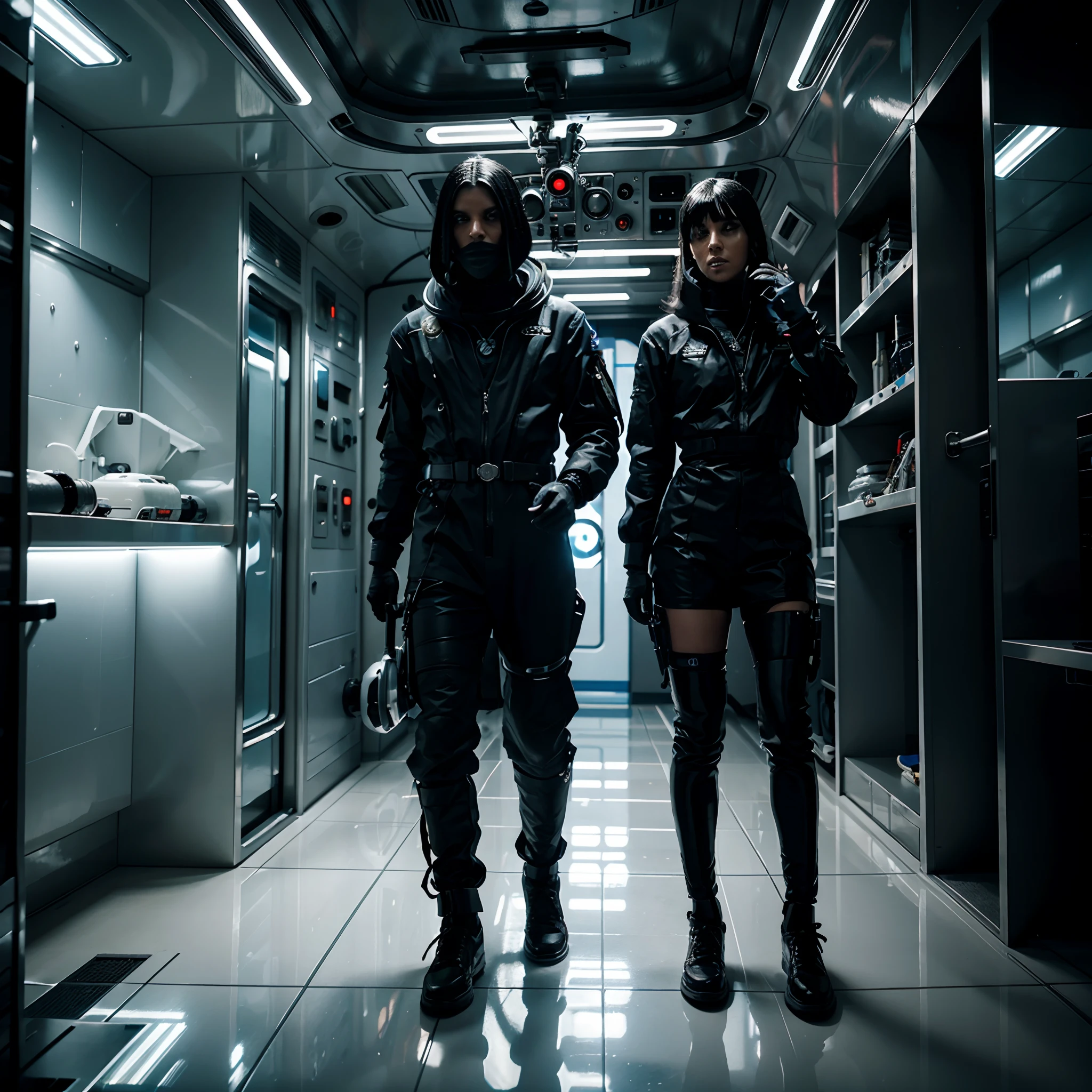 Space station crew members futuristic scifi interior clean sterile interior, crew members goth style:1.4