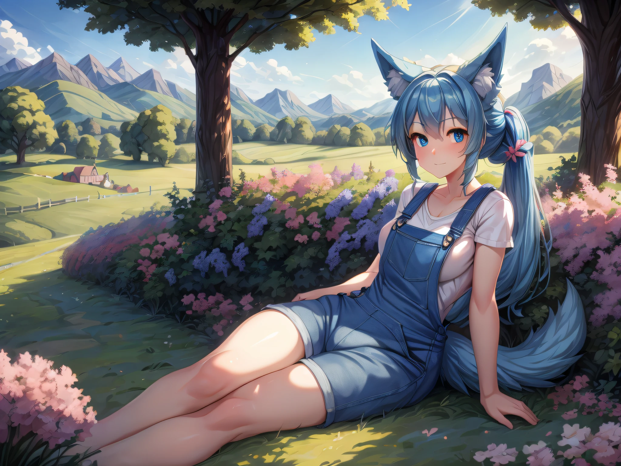 (Masterpiece) (High Detail) (High Res) A short humanoid girl with pale human skin and blue eyes and long blue hair in a ponytail and blue dog ears and a big fluffy dog tail is wearing denim overalls with nothing underneath and is sat alone outside a country cottage surrounded by fields and farmland. Sunny, landscape. Pink Flowers, Hedges, Trees, Distant mountains.