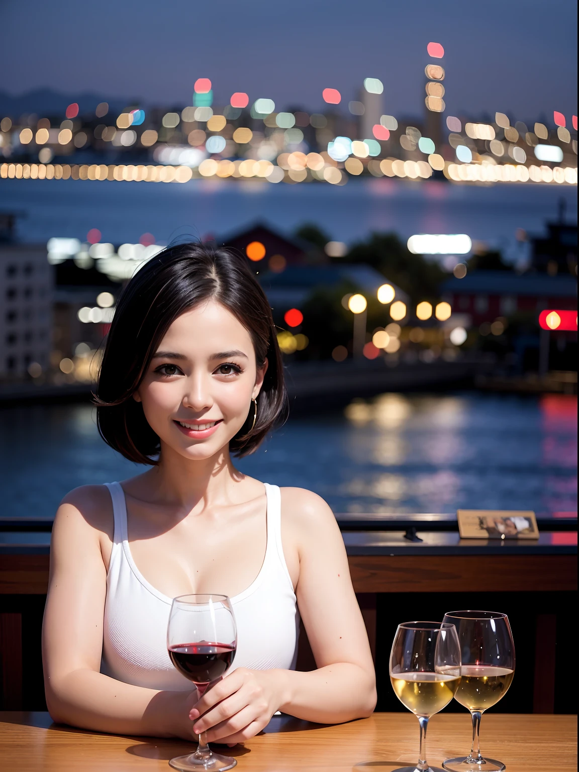 (64K, UHD, top quality, masterpiece: 1.2), (realistic, photorealistic: 1.37), super detailed, pretty woman 1 person, (slim face), (slim body), (brown hair), (short cut), cheeks slightly blushing, (44 years old), 38 years old, solo, beautiful detailed urban night view outside the window, restaurant, wine glasses sit, at night, in a prominent placeNovaFrogStyle, Actress, Model, Waist Up, White Wine, Slim, Wine Glass, Super Clean Night View, Wine Glass Put in the Middle, Happy Smile, (Smile: 1.15), Beautiful Fine Eyes, Upper Body, Bust Japan Up, Night, Short, Short, Actress, Model, Waist Up, White Wine, Slim, Wine Glass, Super Clean Night View, Wine Glass Put in the Middle, Happy Smile,