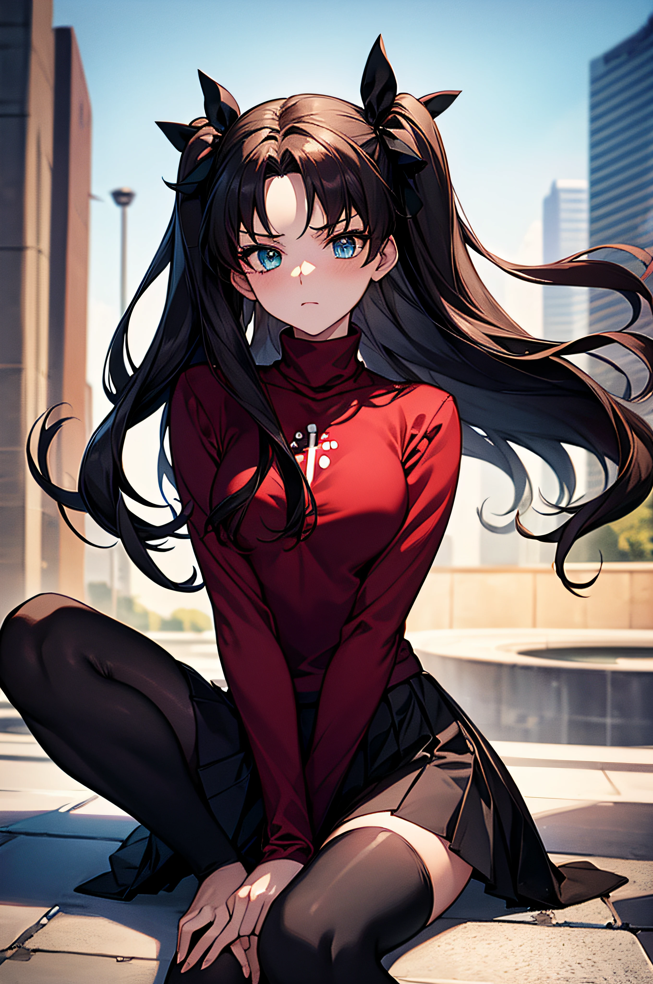 (masterpiece), best quality, expressive eyes, perfect face, 1girl, solo, rintohsaka, rin tohsaka, aqua eyes, black hair, hair ribbon, long hair, ribbon, sidelocks, two side up, black skirt, black thighhighs, long sleeves, miniskirt, pleated skirt, ((red sweater)), skirt, sweater, thighhighs, turtleneck, city background, sitting, character sheet, upper body, portrait, looking at viewer
