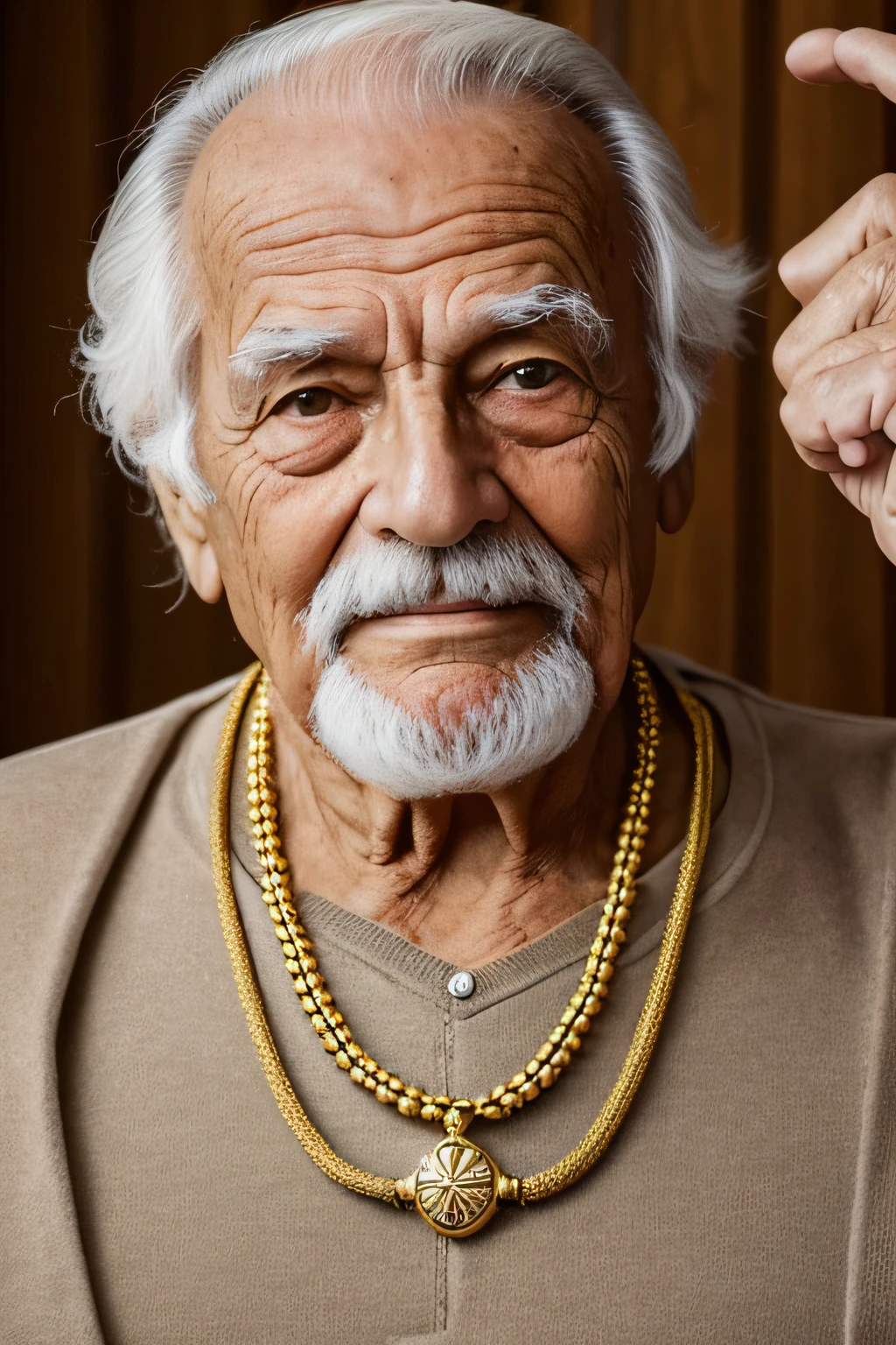 HOmem branco e velho com 90 anos, with gold necklace around the neck. make funny face, humor