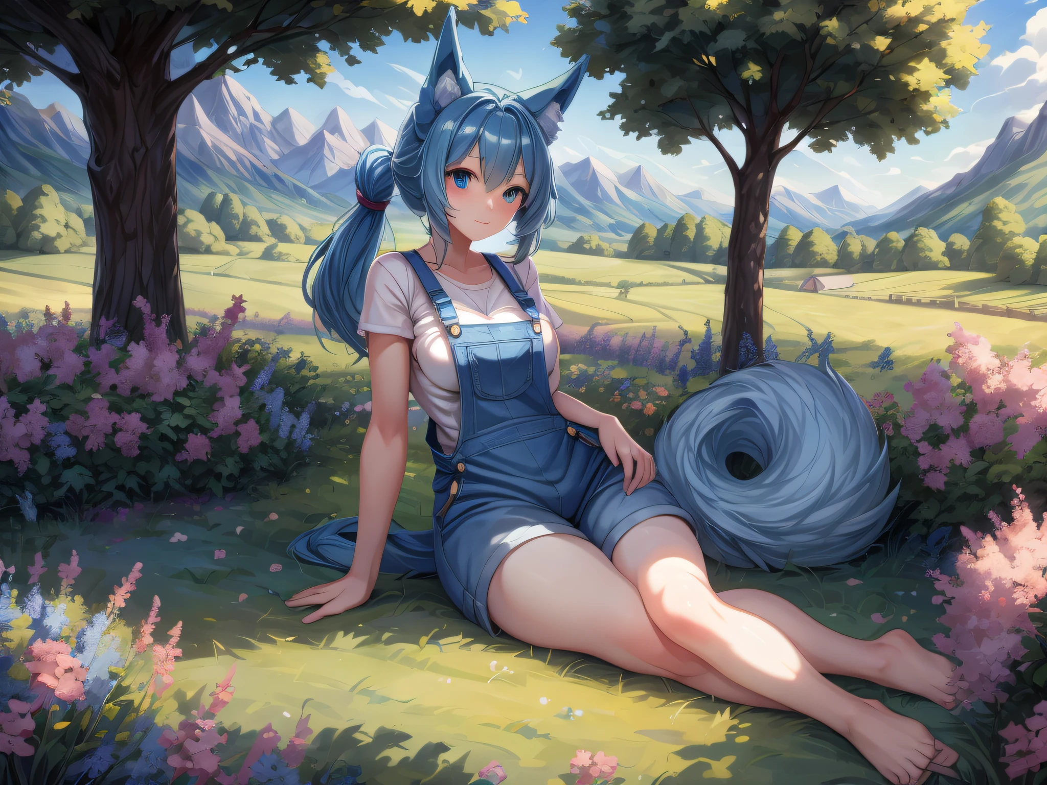 (Masterpiece) (High Detail) (High Res) A short humanoid girl with pale skin and blue eyes and long blue hair and blue dog ears and a big fluffy dog tail with average breasts and thick hips is sat in a field painting onto a canvas. She is wearing a white dress. It is a sunny day and in the distance there is mountains and farmland.