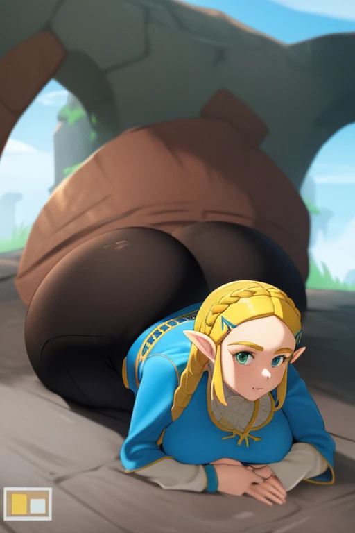 masterpiece, best_quality, 1girl, solo, princess zelda, nintendo, the legend of zelda, botw, black pants, (1girl:1.2),(gigantic breasts:1), (bottom heavy:1.2)