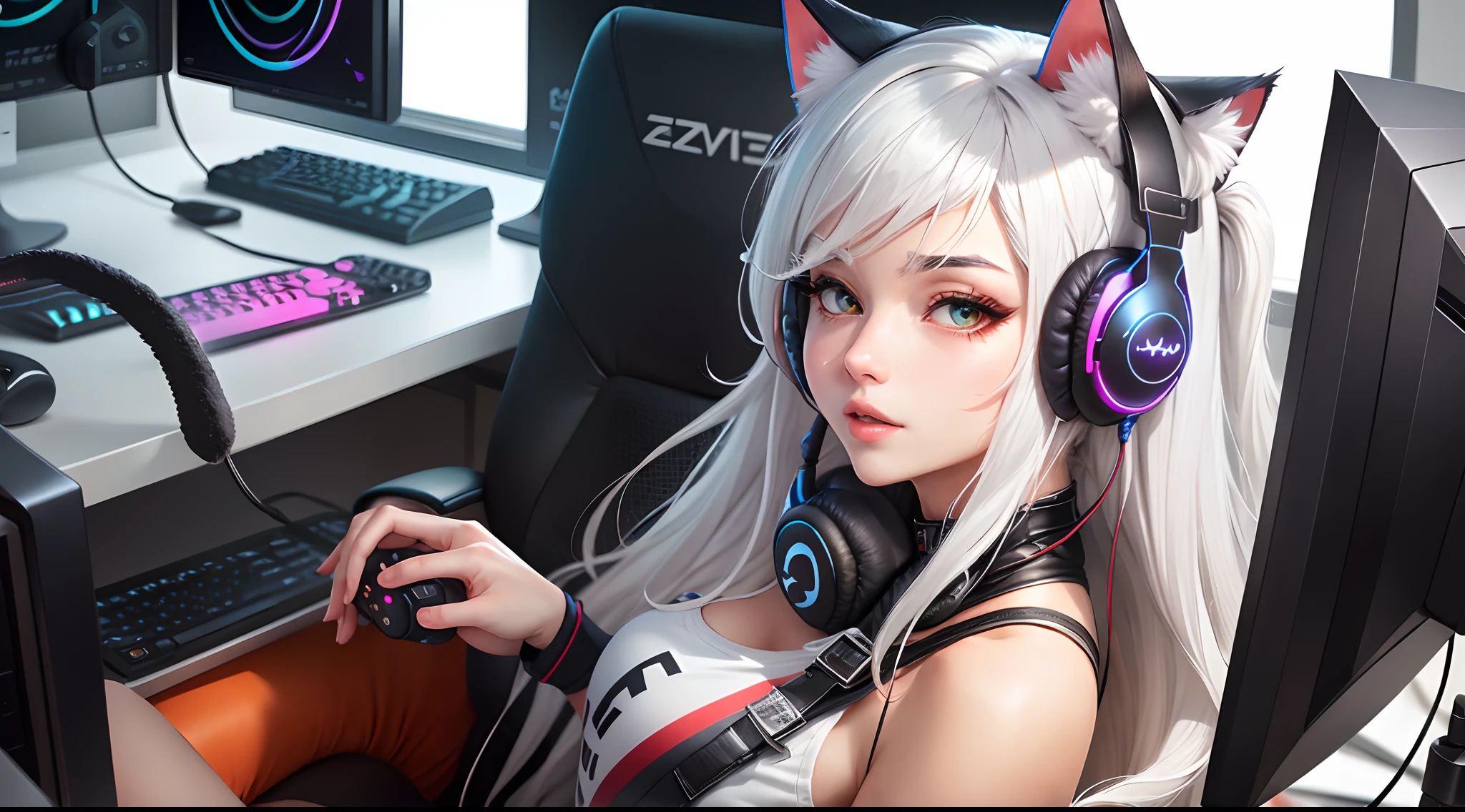 Cat Ear Headphones White Hair Gamer