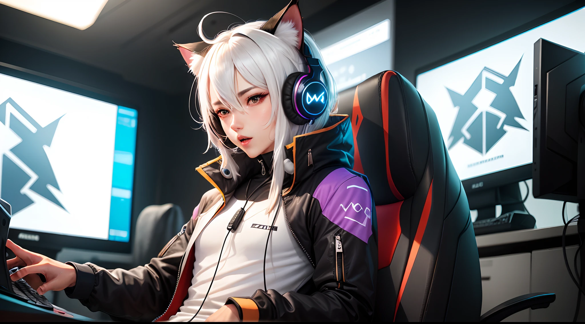 Cat Ear Headphones White Hair Gamer