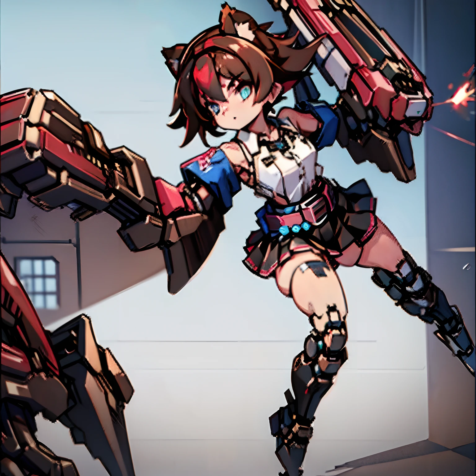 Masterpiece, intrincate, anime style, 2D, flat colors, full body, 1girl, solo girl, rakkun,  racoon girl, mechanical arms, mechanical hands, mechanical legs, racoon ears, 1tail, raccon fluffy tail, (brown and light brown ringed tail), tail in line with the back, red inner ears, (red inner ear hair), (red and blue eyes blurred), short hair, (brown hair), a strand of hair on the left side,( red hair strips), (red tuft on the right side of forehead), (short black shirt),  (black and red checkered sleeves), checkered sleeves at the elbows without joining with the short polo shirt, (short red and dark red checkered skirt), (black belt), belt around the waist along with two loose chains on the right side of the skirt, looking at viewer,