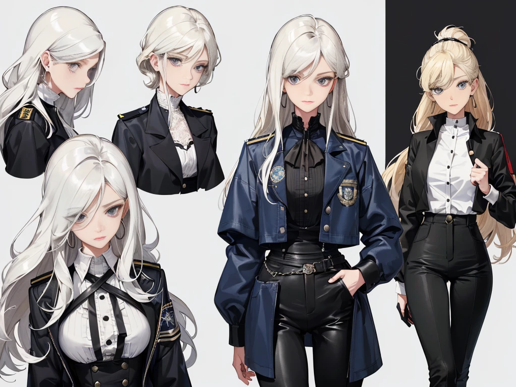 Masterpiece: 1.6, Best Quality: 1.4, Live Image: 1.2, intricate details: 1.2, charturnerv2: 1.2, 1lady complete change in the character of the body,
Appearance: Milf: 1.25, Thin: 1.3, light blue eyes, Average Breasts,, 詳細な目, High-quality eyes,
The clothes: black t-shirt with high collar, high-waist pants, black gloves, Police Navy Blue Jacket, white blouse with a few buttons, Long black lace-up boots.
Accessories: Simple hoop earrings, police badge.
Hair: platinum blonde hair, Long hair, semi-curly hair.
makeup: natural, sparkly skin,
(Single background, whitebackground: 1.3), multiple views, Multiple images of the same character in the same outfit: 1.3.
