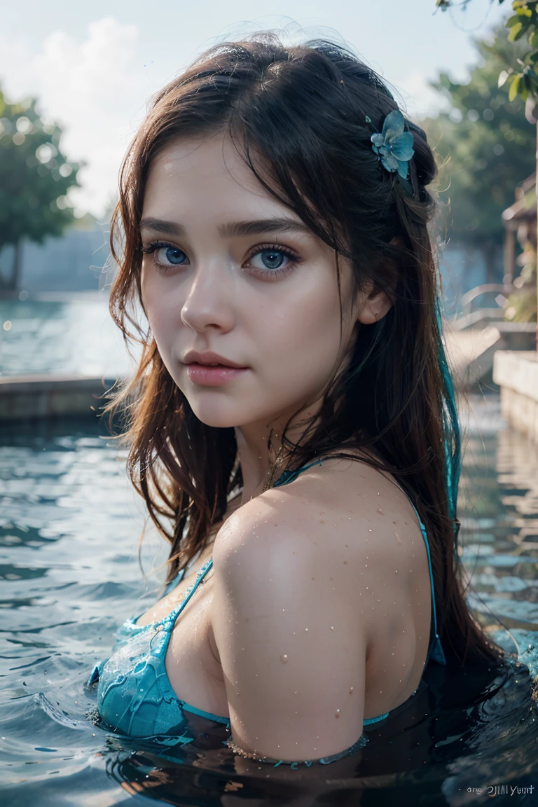 Faraway view,full bodyesbian,Long-haired girl floating in water, Aqua Eye, Stunning face, Guviz-style artwork, The beautiful, beauitful face, Guviz, Watery eyes, Detailed digital art, Digital art, Beautiful artwork, Loish et WLOP, blue watery eyes, Beautiful digital artwork