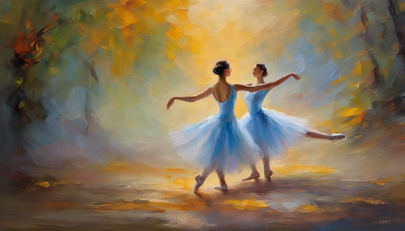 Young classical dancers, With ballet poses, Female 18 years old, Portraits taken by 8 Cobra Masters、Top quality people々々、morning、1girl in、There is a bright light、Blissful、Cool morning sun、(spark of light:0.7) 、on foot、landscapes