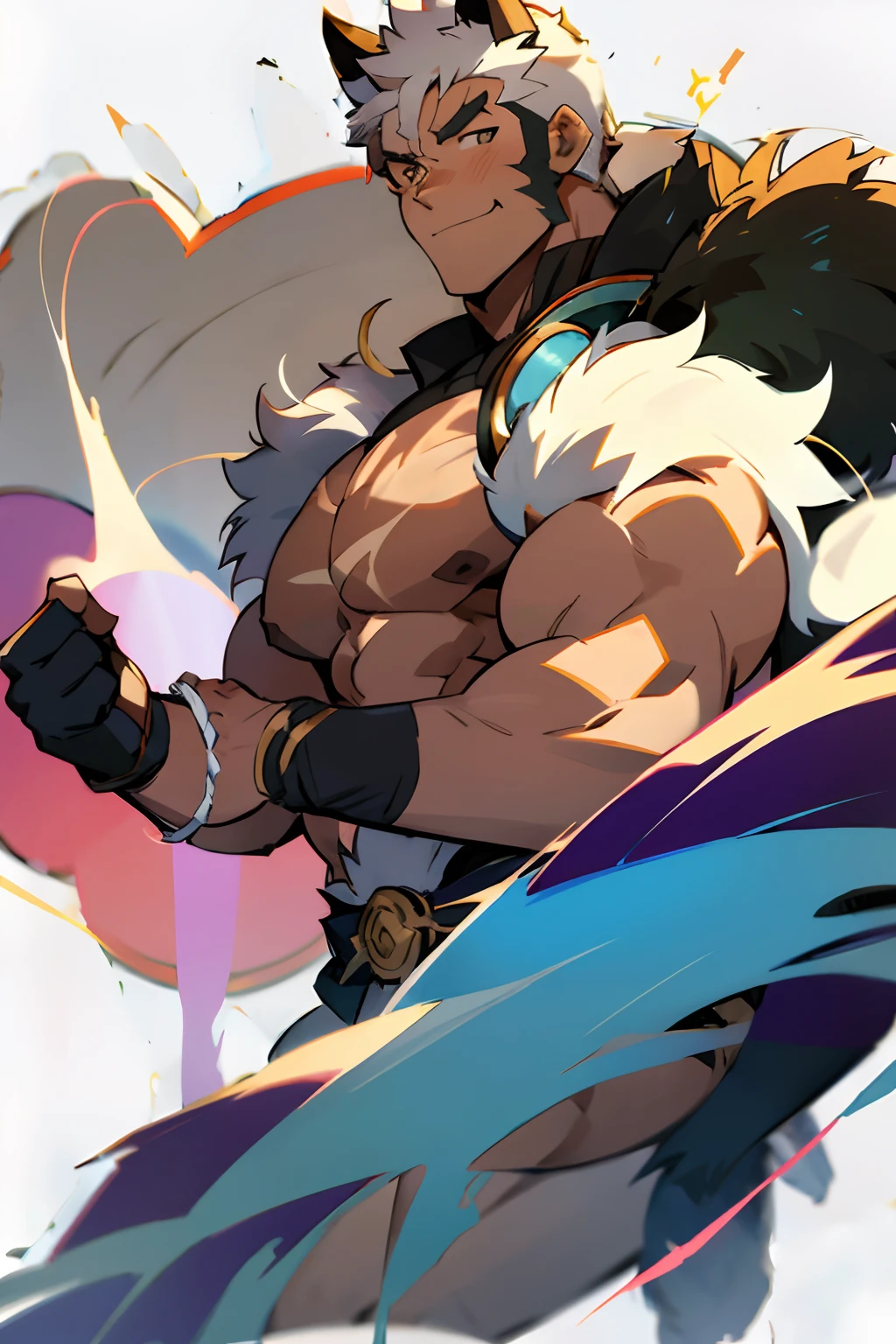 anime guy with a cat ears and headphones on, a character portrait by Shitao, pixiv, fluffy chest, super buff and cool, muscular werewolf, furry chest, makoto, badass anime 8 k, muscular!!, showing off his muscles, male anime character, anime handsome man, muscular character, handsome anime pose, muscular! , big smile, white hair, large pecs!!!, full-body!!!!!!!!,