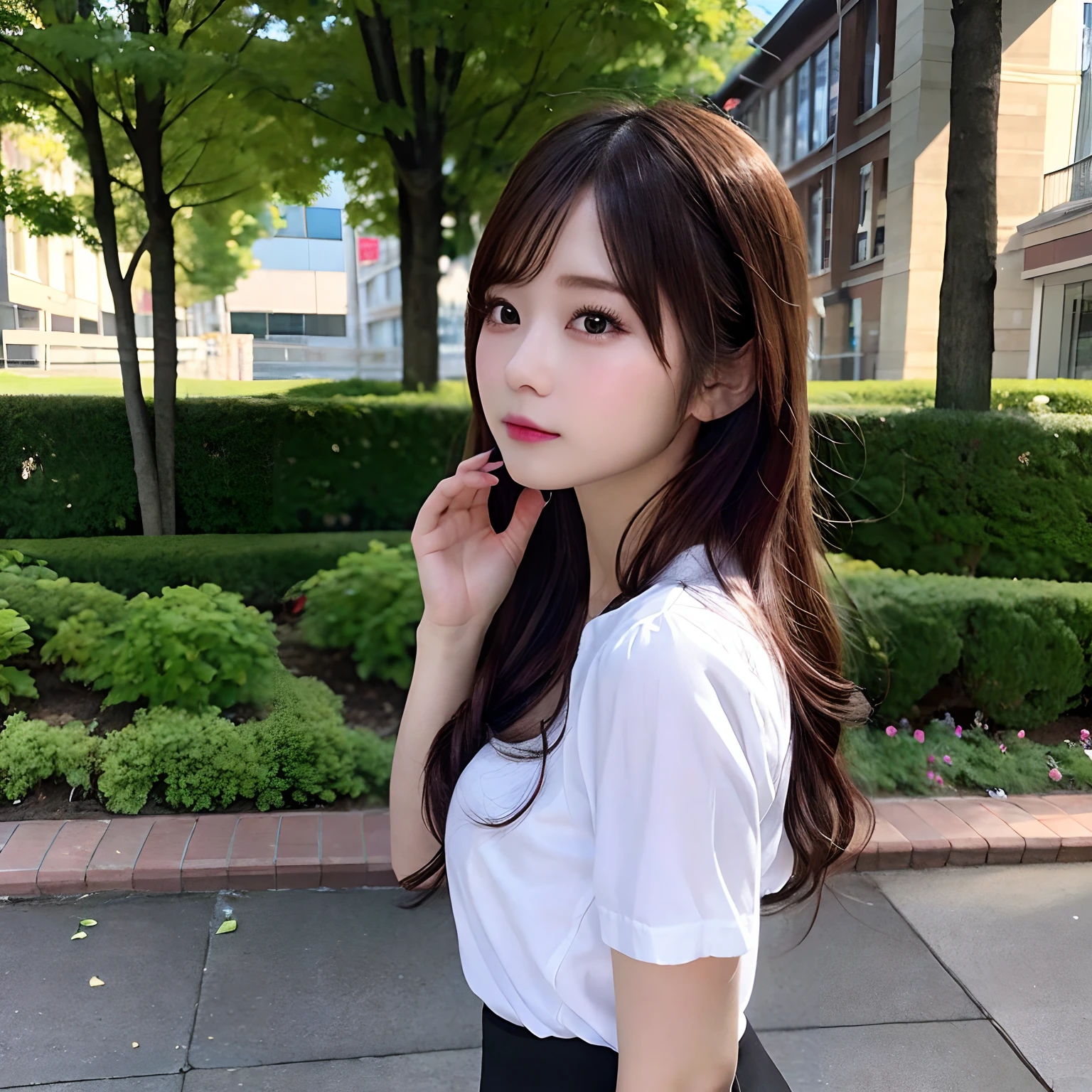 hight resolution,masutepiece,Best Quality,Extremely detailed, hyper realisitic, girl with, long shot, hair wavy, in town, Black lace skirt, white shirt,Avert your eyes, profile, Very beautiful,cute, 8K Wallpaper, Fine detail, Very detailed 8k wallpaper