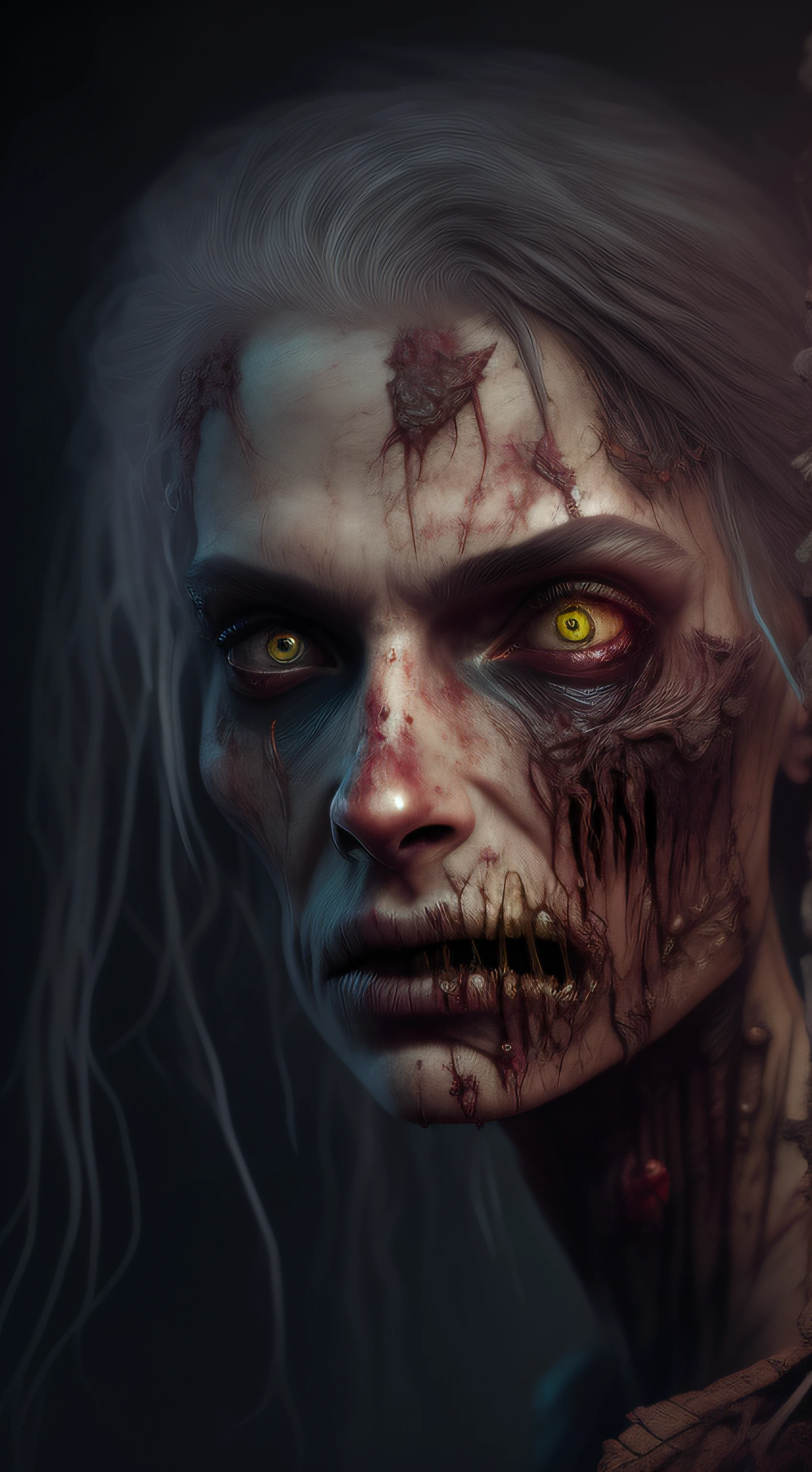 zombie, dead rotting skin on the face, dirty muddy hair, extremely detailed dried rotting dead skin, woman, blind, wide angle, detailed environment, detailed background, highly detailed, intricate, detailed skin, natural colors, professionally color graded, photorealism, 8k, moody lighting, art by George Pfau