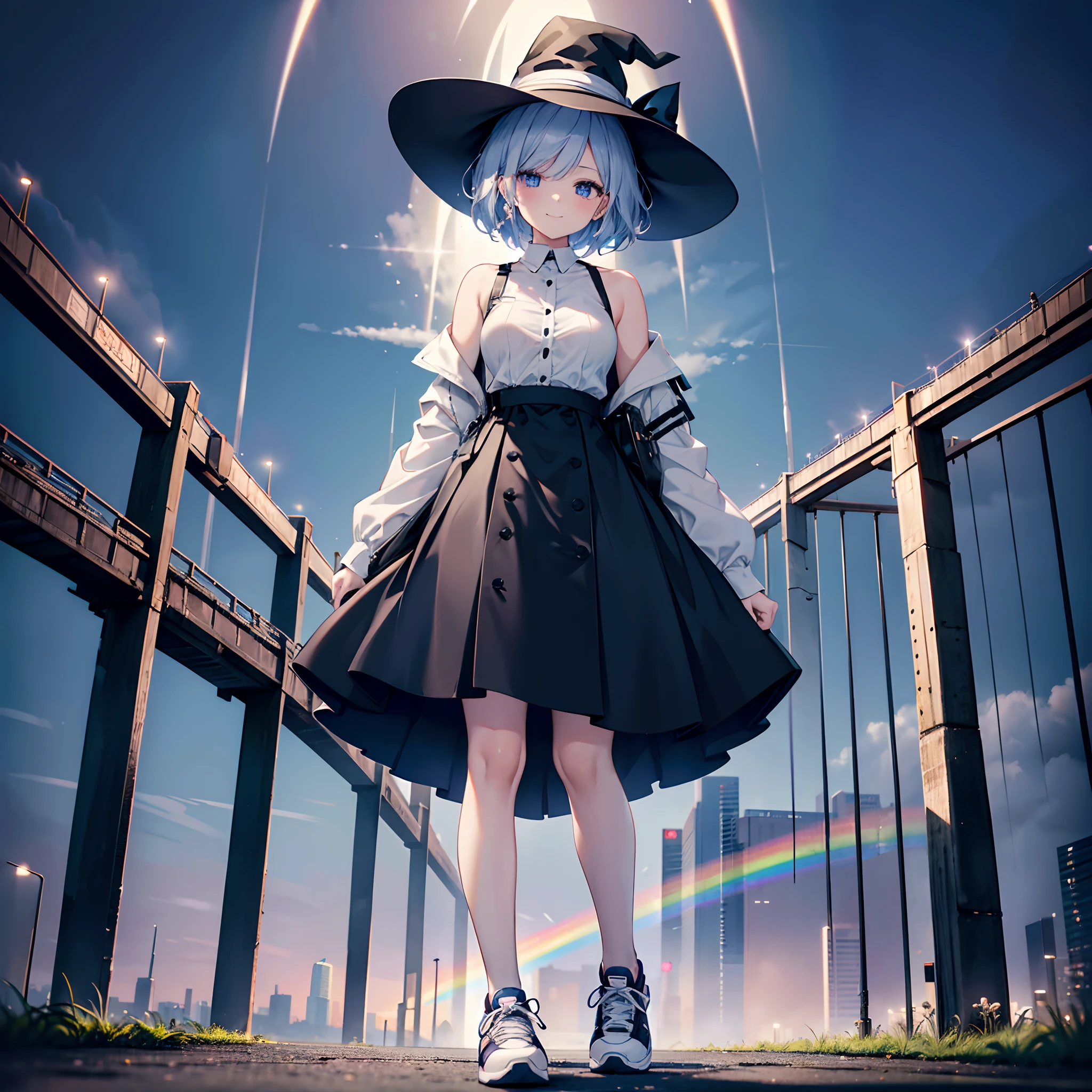 This is a park in Odaiba late at night、You can see the Rainbow Bridge behind you、One 27-year-old woman with small breasts、She wears a large black witch hat with sapphire accessories、White medium shorthair with blue-purple mesh、Looking at me with a smile、Blue eyes with highlights、Black long coat、White camisole、Black Midi Skirt、Black sneakers with white shoelaces、small tits、discreet breasts、hiquality、High Details、high-level image quality、4K picture quality、beatiful backgrounds