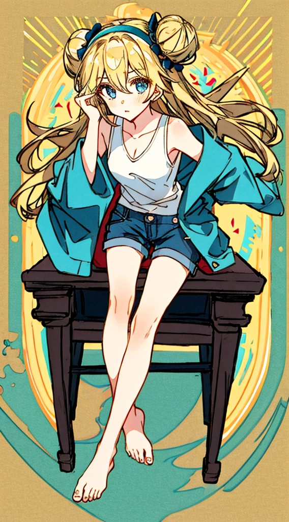 1girl, bare shoulders, barefoot, black hairband, blonde hair, blue eyes, blue shorts, casual, denim, denim shorts, double-parted bangs, double bun, expressionless, eyes visible through hair, feet, fingernails, floral background, foot focus, foreshortening, full body, hair between eyes, hair bun, hair intakes, hairband, hands up, happy birthday, heart, knees up, leaning forward, legs, legs together, light blush, long hair, long sleeves, looking at viewer, own hands together, parted lips, shirt, shorts, sidelocks, simple background, sitting, soles, solo, thighs, toenails, toes, two side up, white shirt, yellow background.