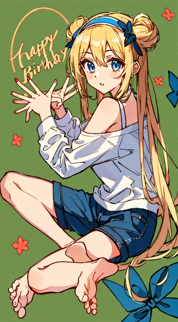 1girl, bare shoulders, barefoot, black hairband, blonde hair, blue eyes, blue shorts, casual, denim, denim shorts, double-parted bangs, double bun, expressionless, eyes visible through hair, feet, fingernails, floral background, foot focus, foreshortening, full body, hair between eyes, hair bun, hair intakes, hairband, hands up, happy birthday, heart, knees up, leaning forward, legs, legs together, light blush, long hair, long sleeves, looking at viewer, own hands together, parted lips, shirt, shorts, sidelocks, simple background, sitting, soles, solo, thighs, toenails, toes, two side up, white shirt, yellow background.