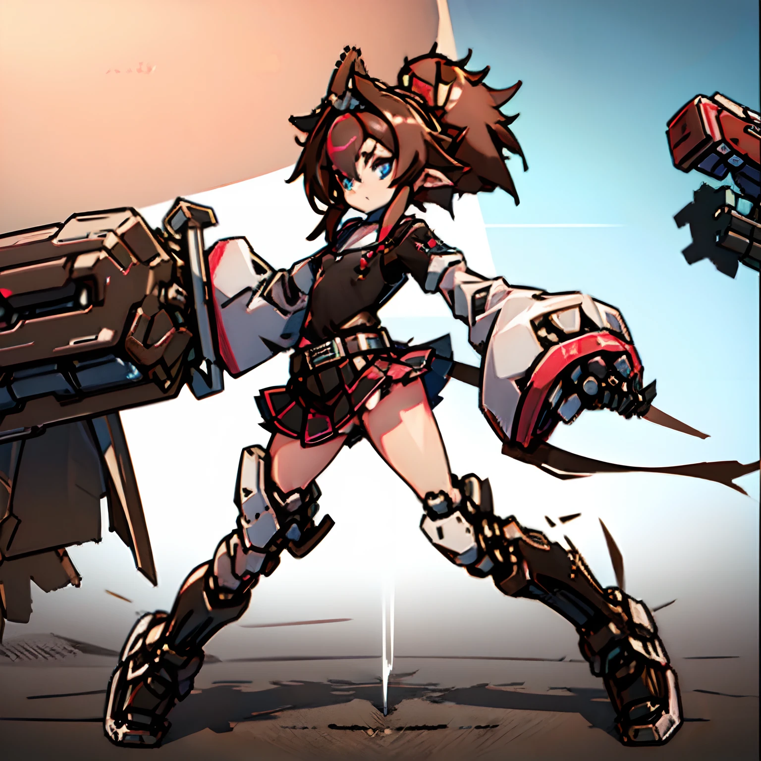 Masterpiece, intrincate, anime style, 2D, flat colors, full body, 1girl, solo girl, rakkun,  racoon girl, mechanical arms, mechanical hands, mechanical legs, racoon ears, 1tail, raccon fluffy tail, (brown and light brown ringed tail), tail in line with the back, red inner ears, (red inner ear hair), (red and blue eyes blurred), short hair, (brown hair), a strand of hair on the left side,( red hair strips), (red tuft on the right side of forehead), (short black shirt),  (black and red checkered sleeves), checkered sleeves at the elbows without joining with the short polo shirt, (short red and dark red checkered skirt), (black belt), belt around the waist along with two loose chains on the right side of the skirt, looking at viewer,