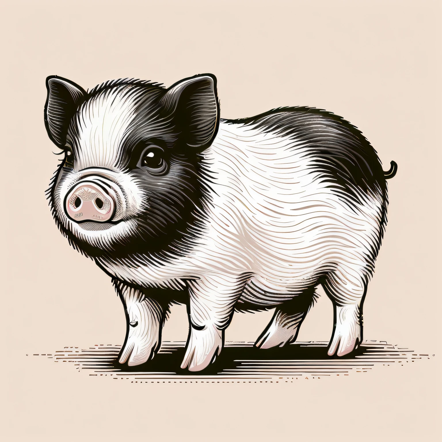 There is a black and white pig standing on a brown surface, Highly detailed illustration.”, miniature pig, A pig, Highly detailed illustration, Pig, highly detailed ink illustration, hd illustration, cute detailed artwork, piglet, illustrations of animals, highlydetailedillustrations, high detail illustration, highly detailed vector art, Hand drawn illustrations, Pig pig pig, piggy，Smooth skin，No hair