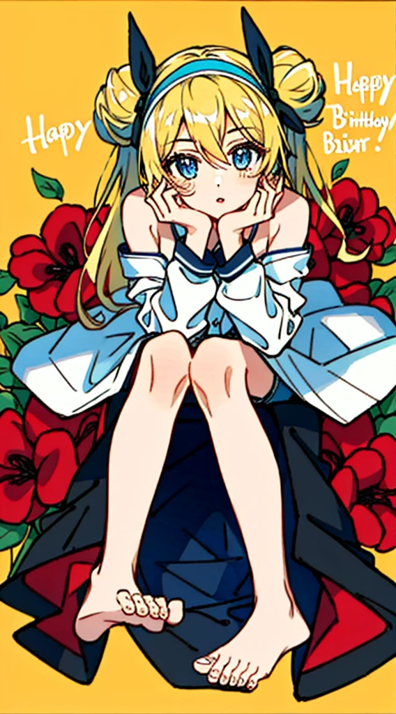 1girl, bare shoulders, barefoot, black hairband, blonde hair, blue eyes, blue shorts, casual, denim, denim shorts, double-parted bangs, double bun, expressionless, eyes visible through hair, feet, fingernails, floral background, foot focus, foreshortening, full body, hair between eyes, hair bun, hair intakes, hairband, hands up, happy birthday, heart, knees up, leaning forward, legs, legs together, light blush, long hair, long sleeves, looking at viewer, own hands together, parted lips, shirt, shorts, sidelocks, simple background, sitting, soles, solo, thighs, toenails, toes, two side up, white shirt, yellow background.