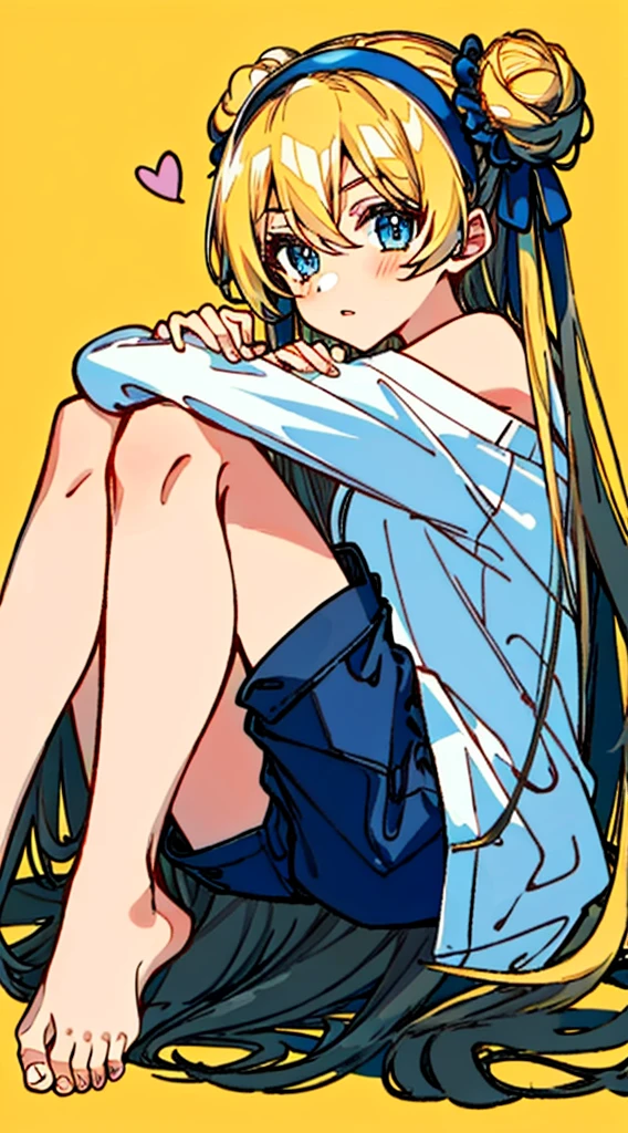 1girl, bare shoulders, barefoot, black hairband, blonde hair, blue eyes, blue shorts, casual, denim, denim shorts, double-parted bangs, double bun, expressionless, eyes visible through hair, feet, fingernails, floral background, foot focus, foreshortening, full body, hair between eyes, hair bun, hair intakes, hairband, hands up, happy birthday, heart, knees up, leaning forward, legs, legs together, light blush, long hair, long sleeves, looking at viewer, own hands together, parted lips, shirt, shorts, sidelocks, simple background, sitting, soles, solo, thighs, toenails, toes, two side up, white shirt, yellow background.