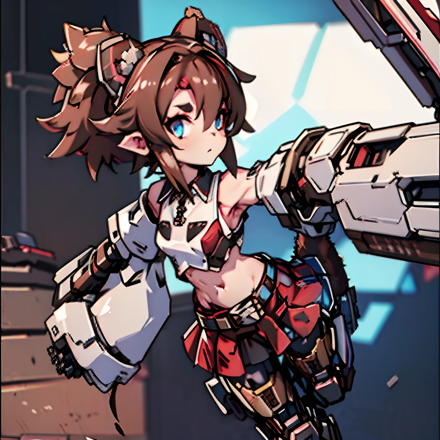 Masterpiece, intrincate, anime style, 2D, flat colors, full body, 1girl, solo girl, rakkun,  racoon girl, mechanical arms, mechanical hands, mechanical legs, racoon ears, 1tail, raccon fluffy tail, (brown and light brown ringed tail), tail in line with the back, red inner ears, (red inner ear hair), (red and blue eyes blurred), short hair, (brown hair), a strand of hair on the left side,( red hair strips), (red tuft on the right side of forehead), (short black shirt),  (black and red checkered sleeves), checkered sleeves at the elbows without joining with the short polo shirt, (short red and dark red checkered skirt), (black belt), belt around the waist along with two loose chains on the right side of the skirt, looking at viewer,