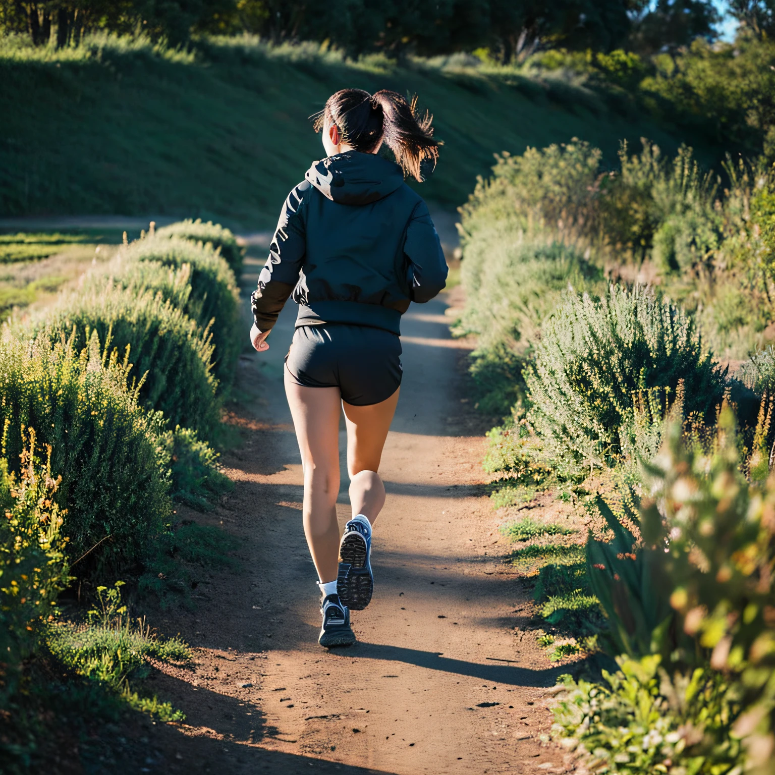 landscape composition, out of focus background, 20-year-old, 1 girl, running shorts, jacket, person on a path, australian bush, back to camera, walking away, twilight, no face