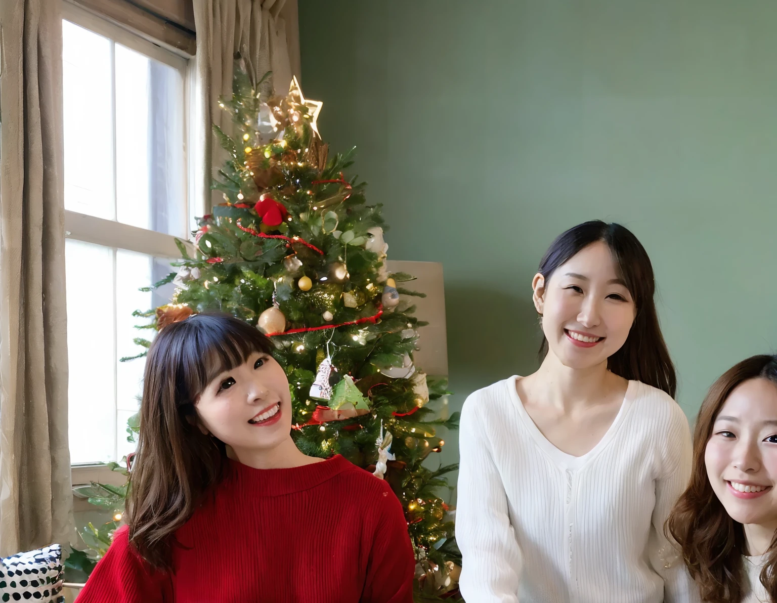 8k, RAW photo, best quality, masterpiece, realistic, photo-realistic, clear, professional lighting, beautiful face, best quality,ultra high res
Three Japanese women, 20 years old, Christmas party, Christmas decorations in the room, Christmas food on the table, Christmas tree