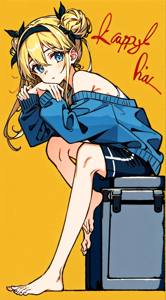 1girl, bare shoulders, barefoot, black hairband, blonde hair, blue eyes, blue shorts, casual, denim, denim shorts, double-parted bangs, double bun, expressionless, eyes visible through hair, feet, fingernails, floral background, foot focus, foreshortening, full body, hair between eyes, hair bun, hair intakes, hairband, hands up, happy birthday, heart, knees up, leaning forward, legs, legs together, light blush, long hair, long sleeves, looking at viewer, own hands together, parted lips, shirt, shorts, sidelocks, simple background, sitting, soles, solo, thighs, toenails, toes, two side up, white shirt, yellow background.