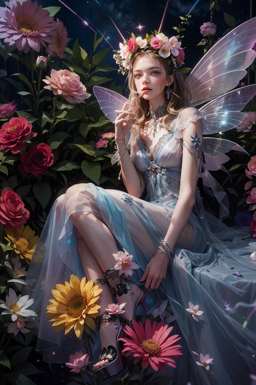 color photo of a mysterious flower fairy with transparent colorful wings, sitting in a divine light, with neon lights, holding a magic wand,axial symmetry, and a magnificent background.silver dress, high heels, flower crown, starry sky background, serene and enigmatic expression, Nikon Z7 II camera, Fujifilm Velvia 50 film, 50mm lens, high saturation, Tim Walker, David LaChapelle, Sofia Coppola, Valentino, Alexander McQueen