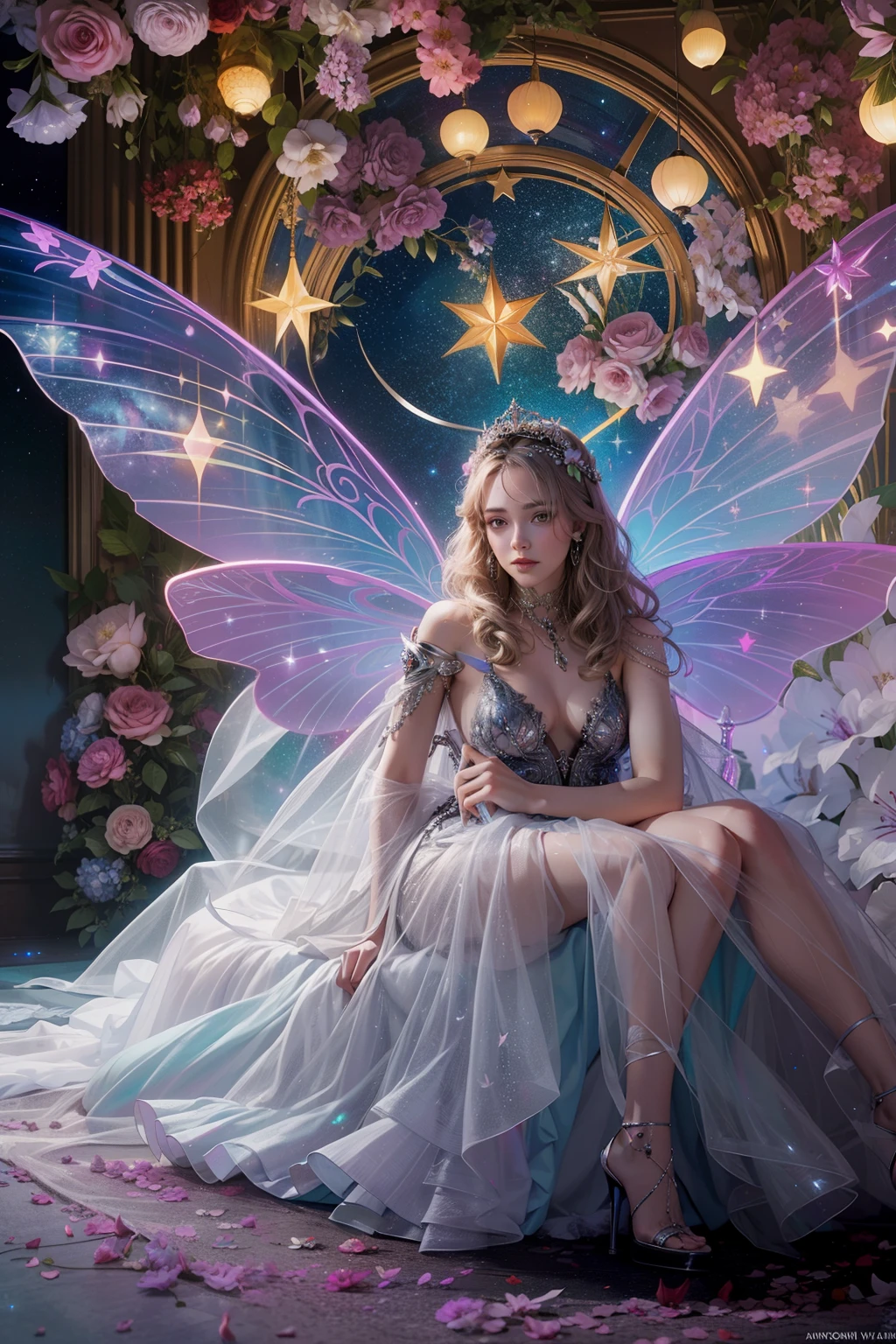 color photo of a mysterious flower fairy with transparent colorful wings, sitting in a divine light, with neon lights, holding a magic wand,axial symmetry, and a magnificent background.silver dress, high heels, flower crown, starry sky background, serene and enigmatic expression, Nikon Z7 II camera, Fujifilm Velvia 50 film, 50mm lens, high saturation, Tim Walker, David LaChapelle, Sofia Coppola, Valentino, Alexander McQueen