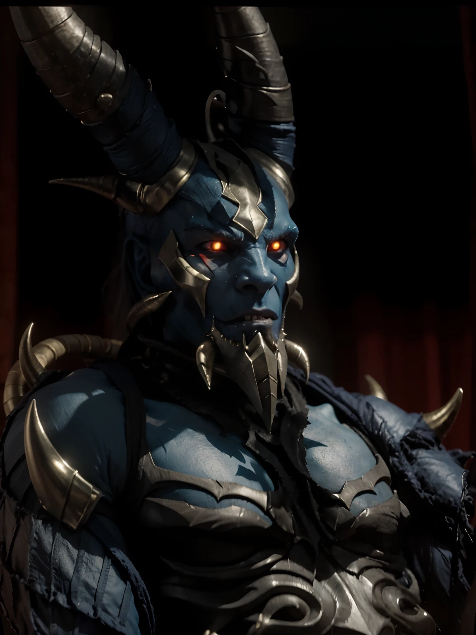 a close up of a demon with horns, guyver dark hero, guyver, guyver style, dagoth ur, behemoth, mouthles, teeth, fangs, bones, scars on skin, blue skin, horns, male god svarog portrait, anubis reptilian, menacing appearance, morgoth, the lord of pestilence, baldur's gate character portrait, male djinn man demon hybrid