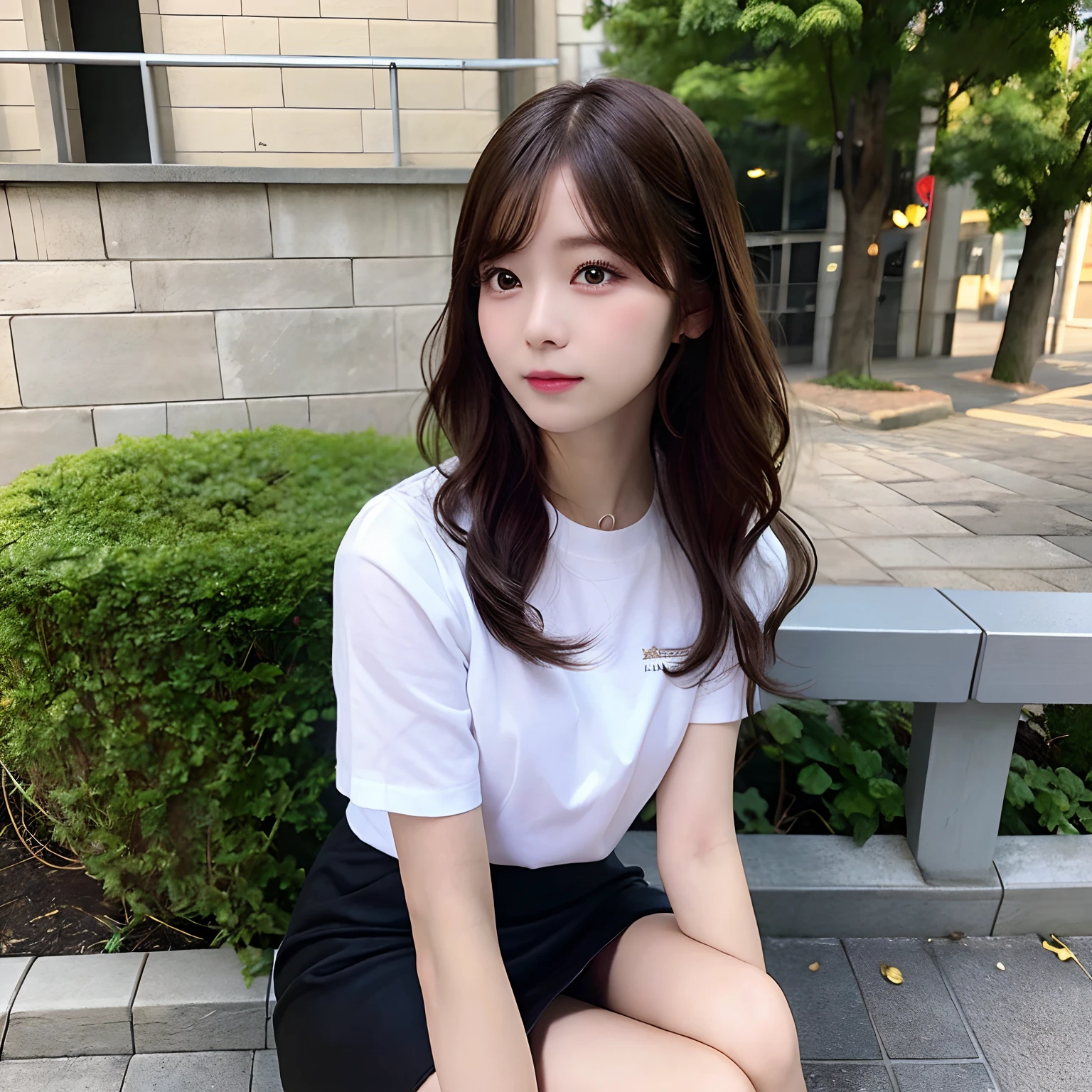 hight resolution,masutepiece,Best Quality,Extremely detailed, hyper realisitic, girl with, sitting, Put your hands on your knees, hair wavy, in town, Black lace skirt, white shirt,Avert your eyes, profile, Very beautiful,cute, 8K Wallpaper, Fine detail, Very detailed 8k wallpaper