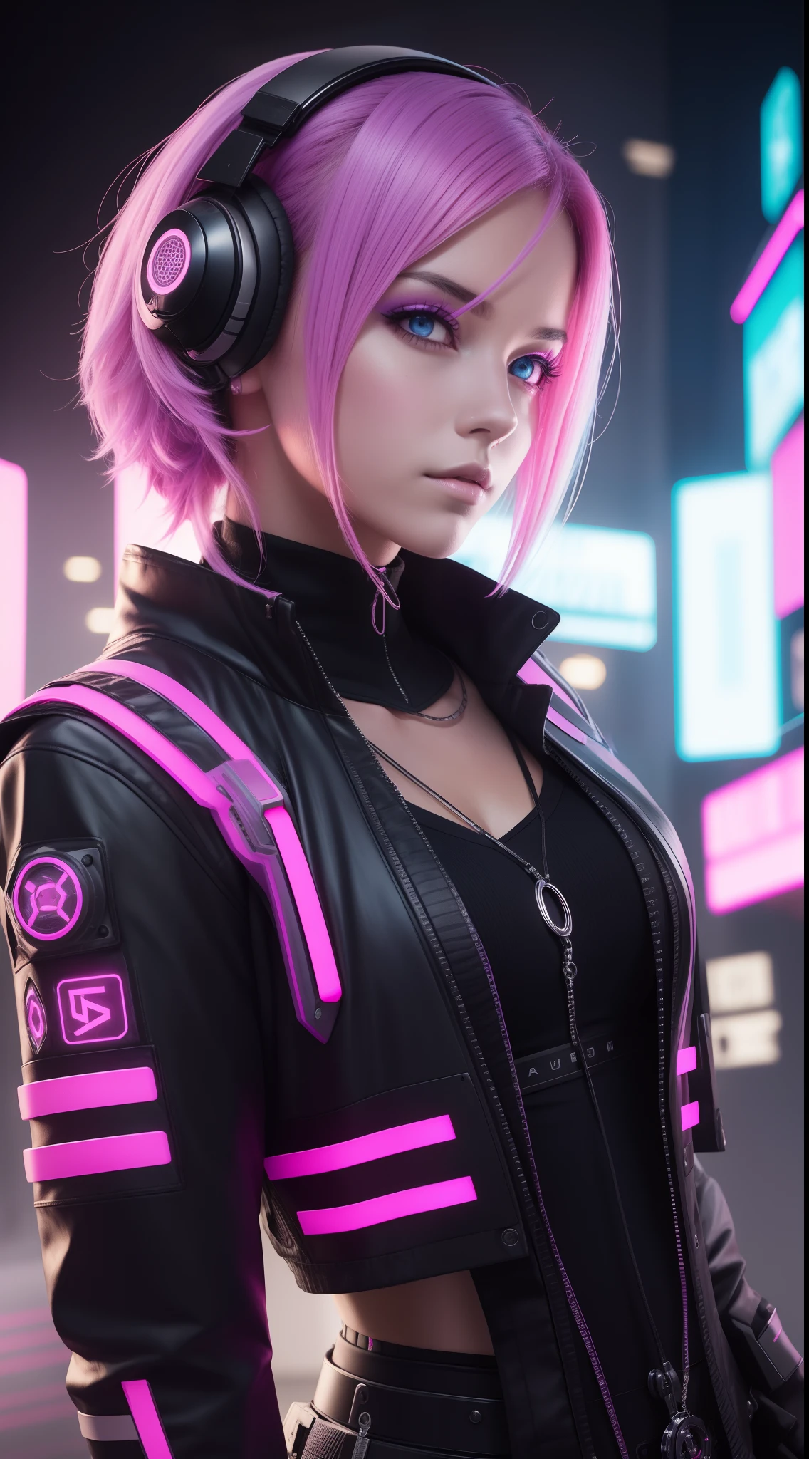 Female DJ Cyberpunk Pink Mechanical,(La parte superior del cuerpo),Fluffy blue-purple hair,ojos hermosos,Mira a la audiencia,Apariencia vibrante,self-assure,(Auriculares DJ) ,( Consola de mezclas) ,Colores cyberpunk audaces,Profundidad de campos,(Estilo de pintura gruesa),Detalles realistas, global ilumination, Ultra - detallado, Detalles muy intrincados, Neon light detail,stage lighting,of the highest quality, Detalles intrincados, (cinematic lighting), Foto RAW, 8k