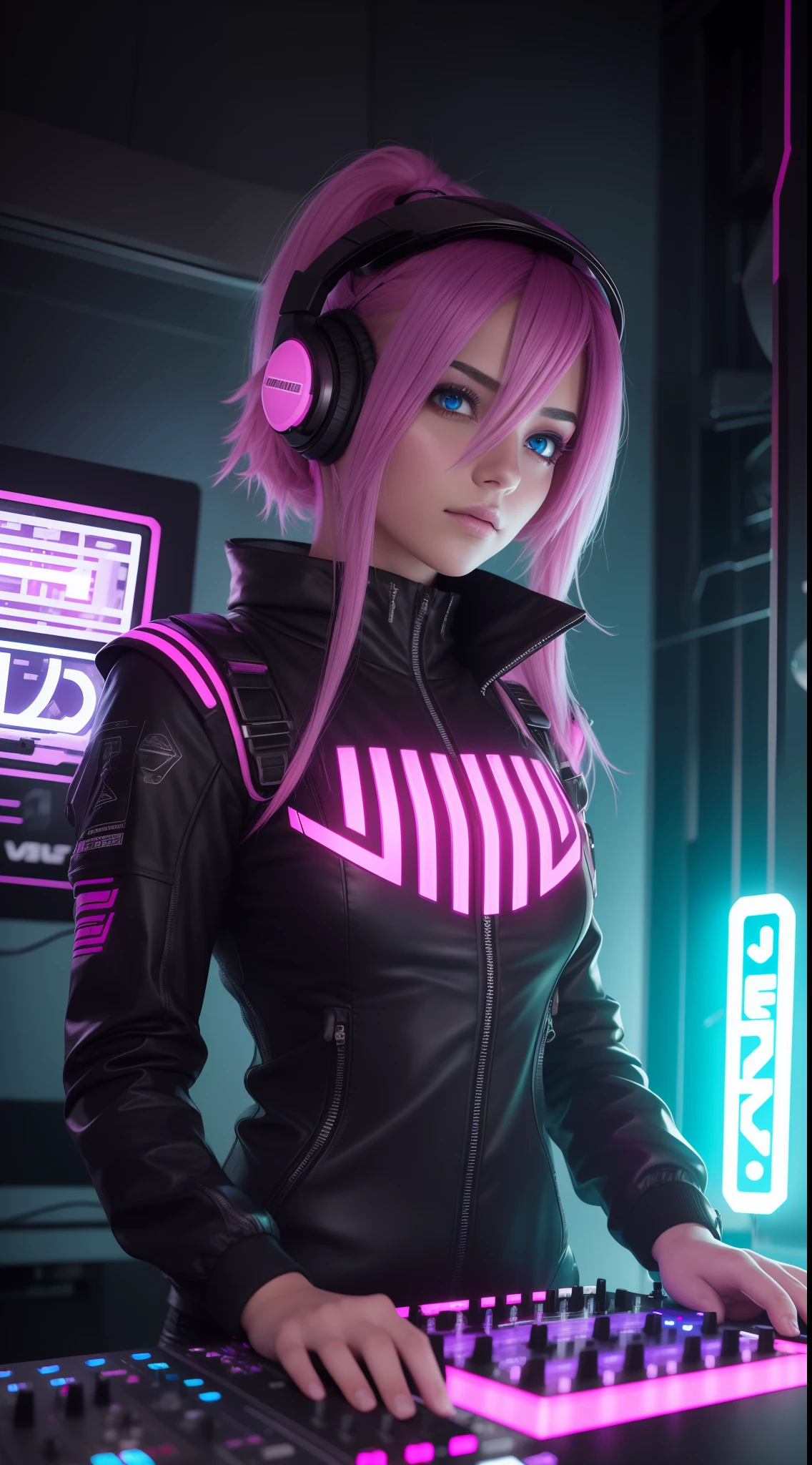 Female DJ Cyberpunk Pink Mechanical,(La parte superior del cuerpo),Fluffy blue-purple hair,ojos hermosos,Mira a la audiencia,Apariencia vibrante,self-assure,(Auriculares DJ) ,( Consola de mezclas) ,Colores cyberpunk audaces,Profundidad de campos,(Estilo de pintura gruesa),Detalles realistas, global ilumination, Ultra - detallado, Detalles muy intrincados, Neon light detail,stage lighting,of the highest quality, Detalles intrincados, (cinematic lighting), Foto RAW, 8k