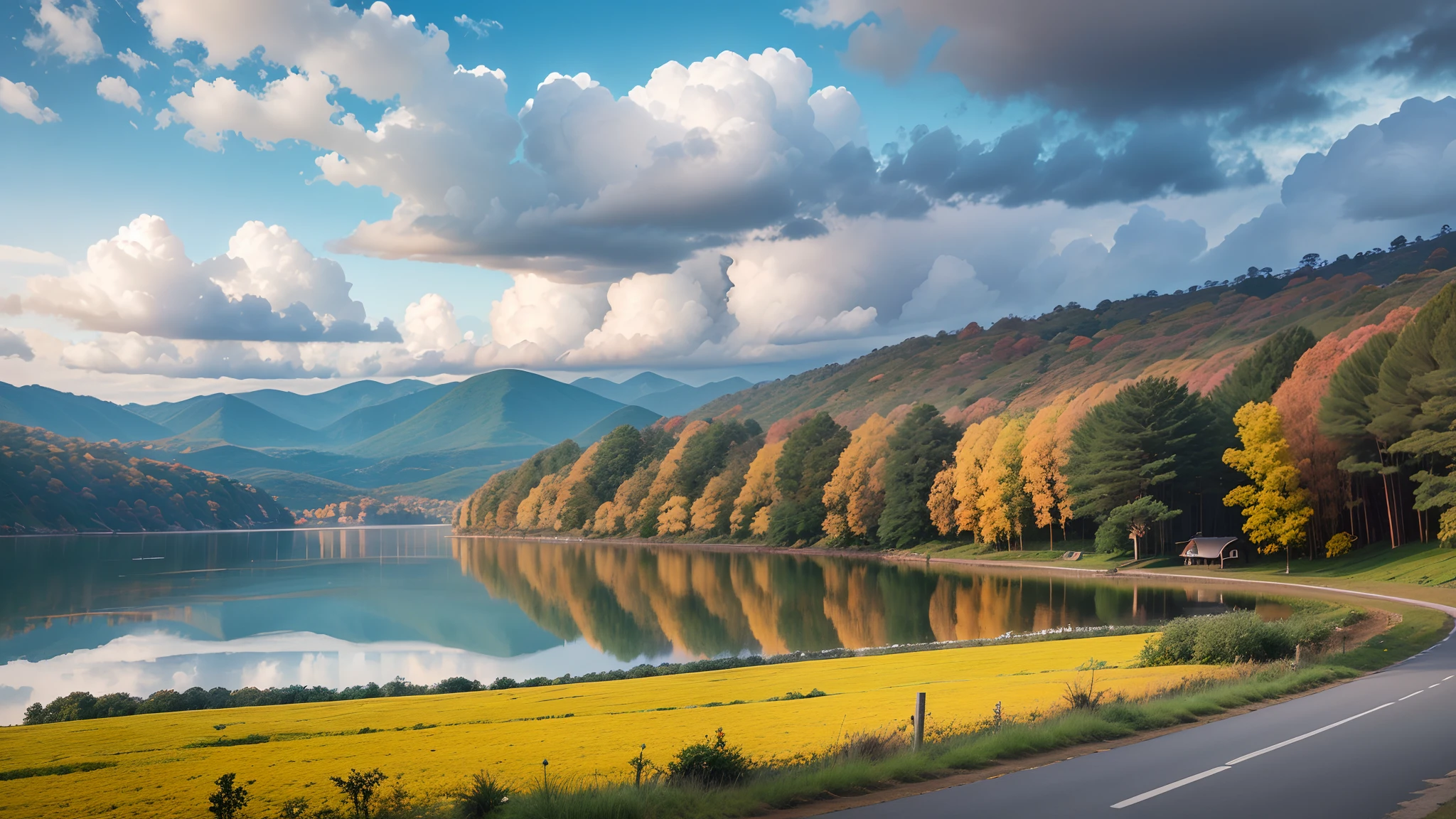 Create a perfect picture of a serene and relaxing autumn day in a beautiful landscape. The image shows a winding road across Xuan Huong Lake in Da Lat, Vietnam. The road is empty, with the lake on the right reflecting golden sunlight and white clouds. On the left side of the road, there are rows of pine trees. In the distance, you can see a small hill with a few houses and trees. Use a digital camera with appropriate settings: an aperture of f/11 for clarity and detail in the scene, a shutter speed of 1/60 second to capture light and create a smooth effect on the water, and ISO 100 for sharp and low-noise images. Describe the lake's water reflecting the blue sky and white clouds, the grass and trees transitioning in color in the crisp autumn air, with the foreground showcasing leaves turning to shades of yellow, signifying the onset of autumn. Additionally, include a background featuring a hill with traditional houses and lush greenery, creating a beautiful image of Da Lat's nature in the autumn. --auto --s2