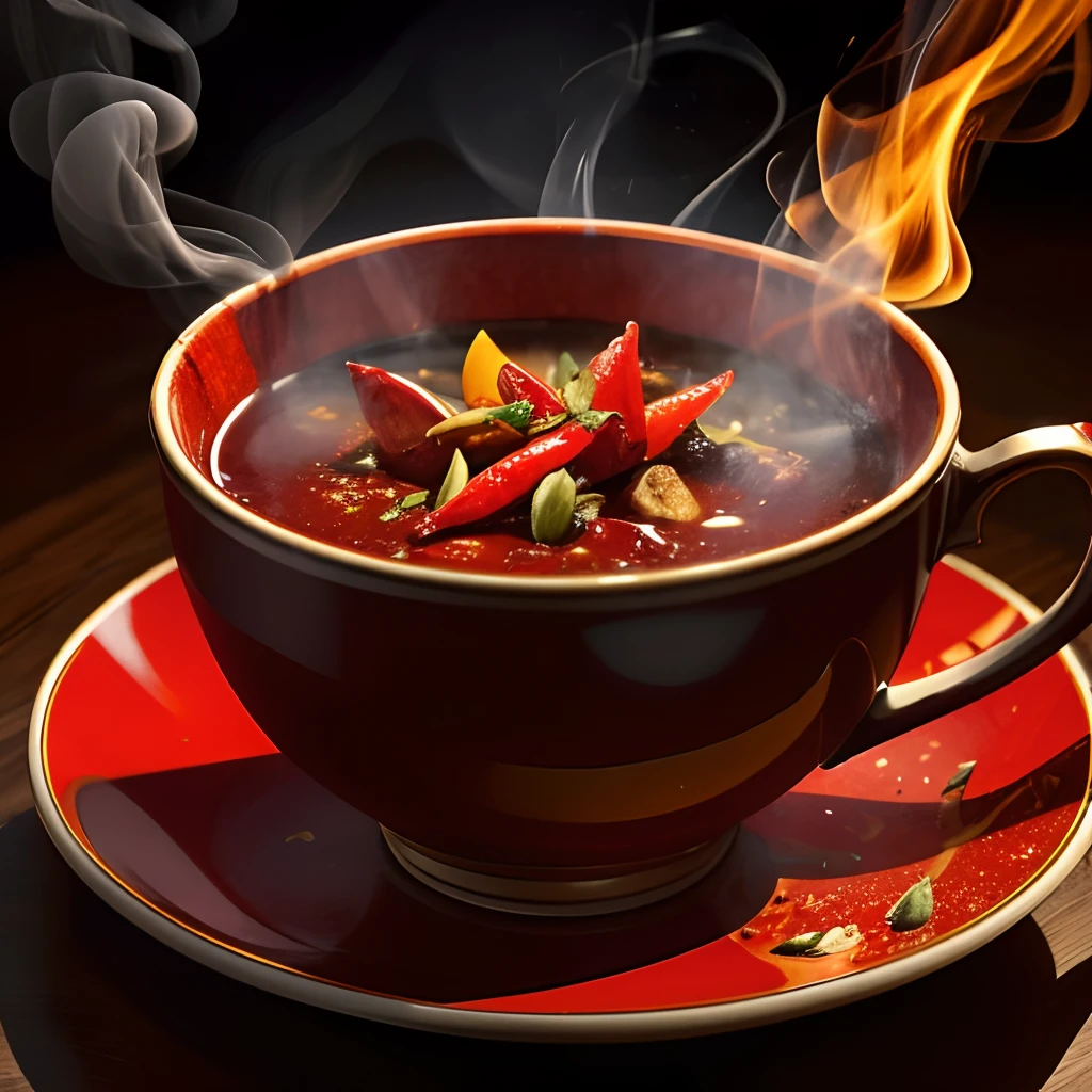 Super spicy tea with plenty of chili peppers,Illustration,Ultra-detailed,Realistic:1.37,Vibrant colors,stunning lighting,Close-up of a teacup,Smoke rising from tea,A large amount of chili pepper floating in tea,Steaming hot cups,rich red color,Vapor visible in the air,Painted in a bold style,cups&Saucer Abstract Pattern,Sharp Focus,Fine brush strokes,Dancing flames while drinking tea,Spicy aroma wafts through the air,warm and inviting atmosphere,Explosion of flavor with every sip,An exciting and intense experience,While feeling the heat with the tongue,Hot pepper seeds in tea,Subtle hints of other spices,Appetizing images that stimulate the senses.