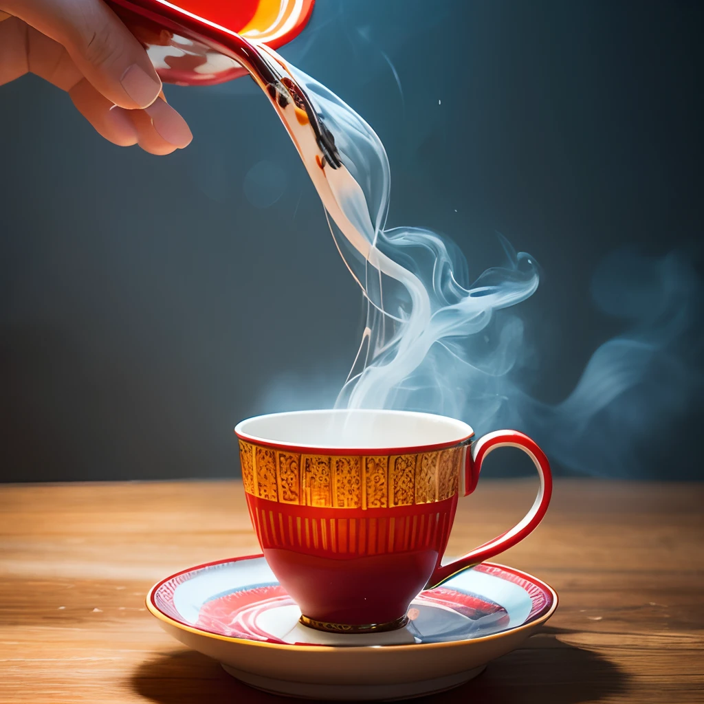 extremely spicy tea with a lot of chili peppers,illustration,ultra-detailed,realistic:1.37,vibrant colors,stunning lighting,close-up of the tea cup,smoke rising from the tea,chili peppers floating in the tea,steaming hot cup,rich red color,steam visible in the air,painted in a bold style,splashes of red and orange,abstract patterns on the cup and saucer,sharp focus,fine brush strokes,flames dancing on top of the tea,spicy aroma filling the air,warm and inviting atmosphere,burst of flavor in every sip,exciting and intense experience,feeling the heat on your tongue,seeds of the chili peppers seen in the tea,subtle hints of other spices,mouthwatering image that stimulates the senses.