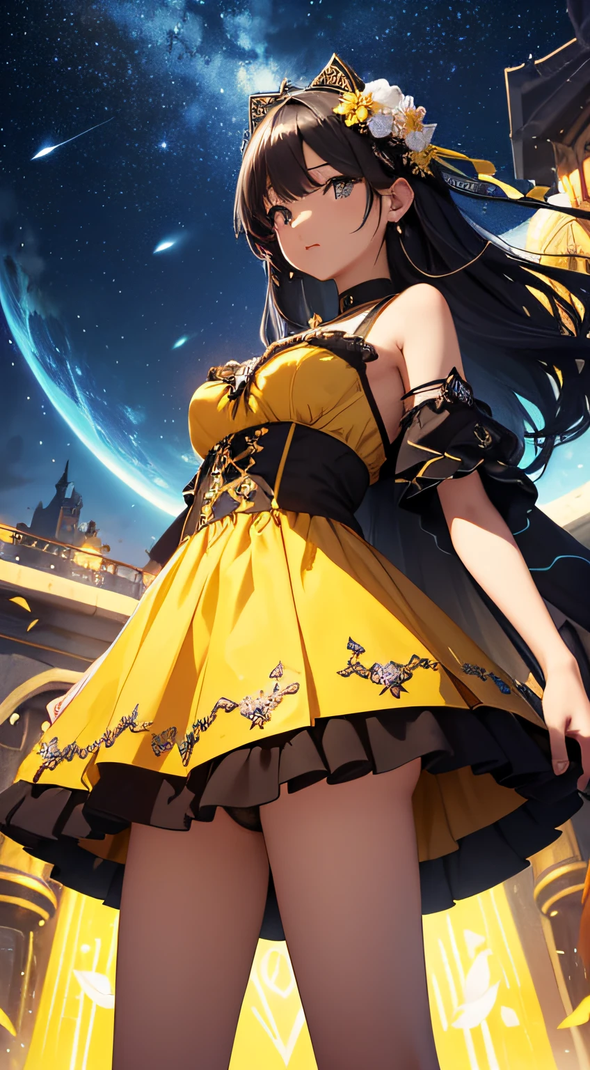 masterpiece、Background with((kosmos、meteors、black hole、Fantastic flower garden emitting light))、About 20 years old、a beauty girl、huge tit、Great embroidery on a yellow mini dress with slits、No Shoulder、Exposing the chest、knee high、hair adornments、heavy wind、white panty、Looking from below