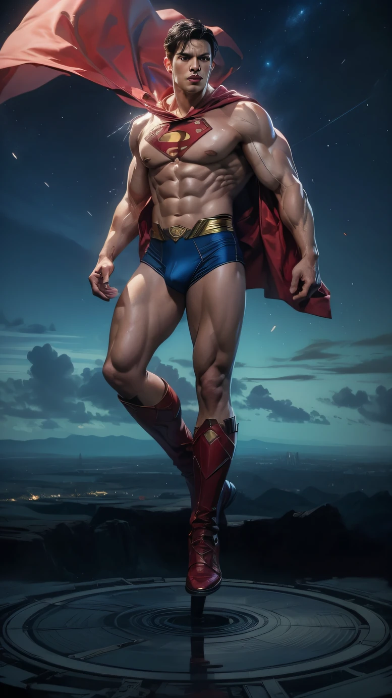(max resolution: 1.2), (Ultra HDTV: 1.2), 8K resolution, Eye and skin details, detailed facial features, , (Sharp focus: 1.2), (Focus focus) facial expressions: 1.2), 1 Boy, Superman, Bay, Black hair, Chest exposed, 8 Pack, (Shirtless) Red coat, Shirtless, Blue thighs exposed, (((Blue briefs) ))