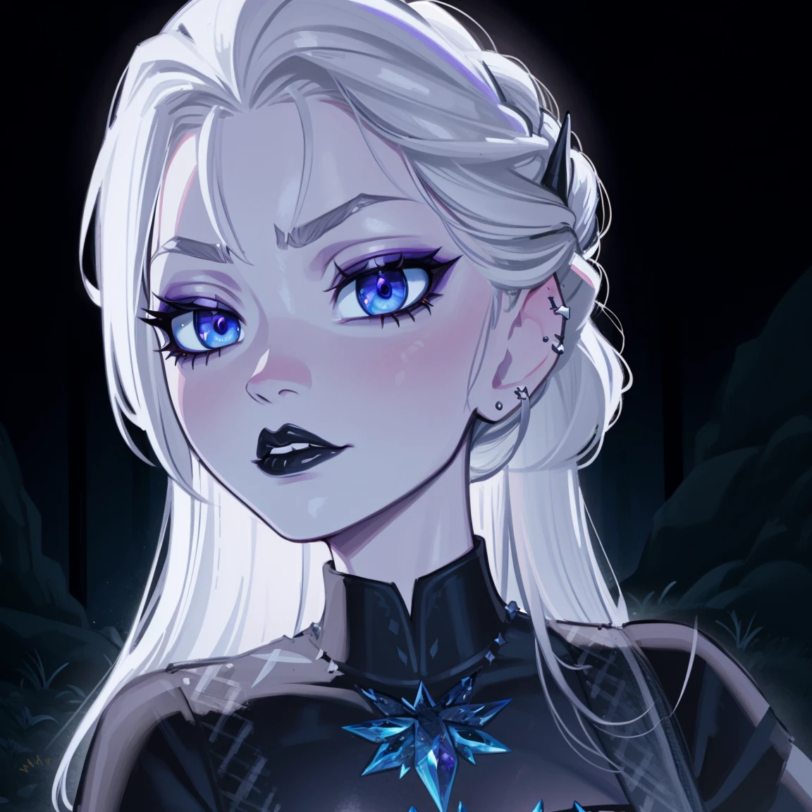 Elsa of arendelle, goth girl, autumn forest background, detailed, detailed, detailed, beautiful, detail, goth girl, masterpiece,  dark night background, gothic, goth, goth, detailed, goth girl, piercings, detailed face, looking viewer, Elsa, Elsa, (Dark eye shadow) dark eye shadow, black eye shadow,