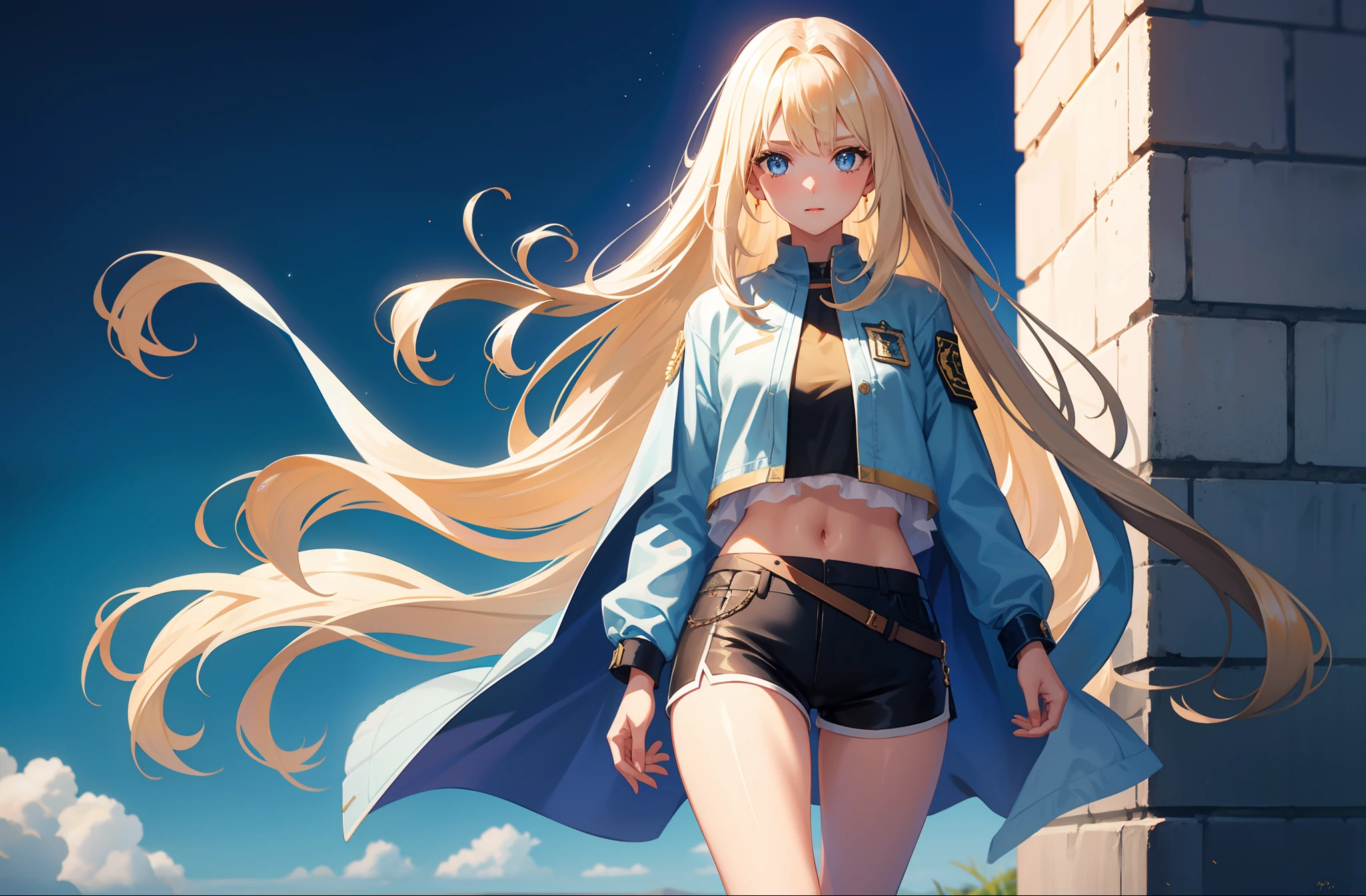 1 girl, mature girl, masterpiece, best quality, detailed eyes, sparkling eyes, beautiful hands, highly detailed hands, straight hands, shiny skin, shiny hair, blue eyes, light blonde hair, tall, long hair, straight hair, full body, best quality, shiny skin, shiny hair, sweaty, shorts, army jacket, midriff, standing, blue sky,
