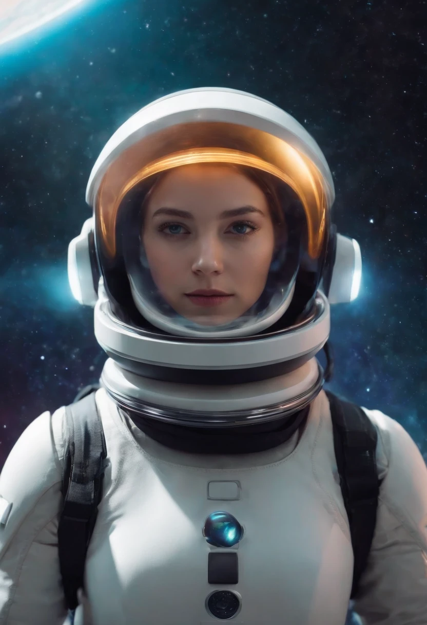A futuristic people explorer, inspired by Pixar animation, up close, traveling through the cosmos of creativity, The colors are vivid and lush, with a touch of mystery