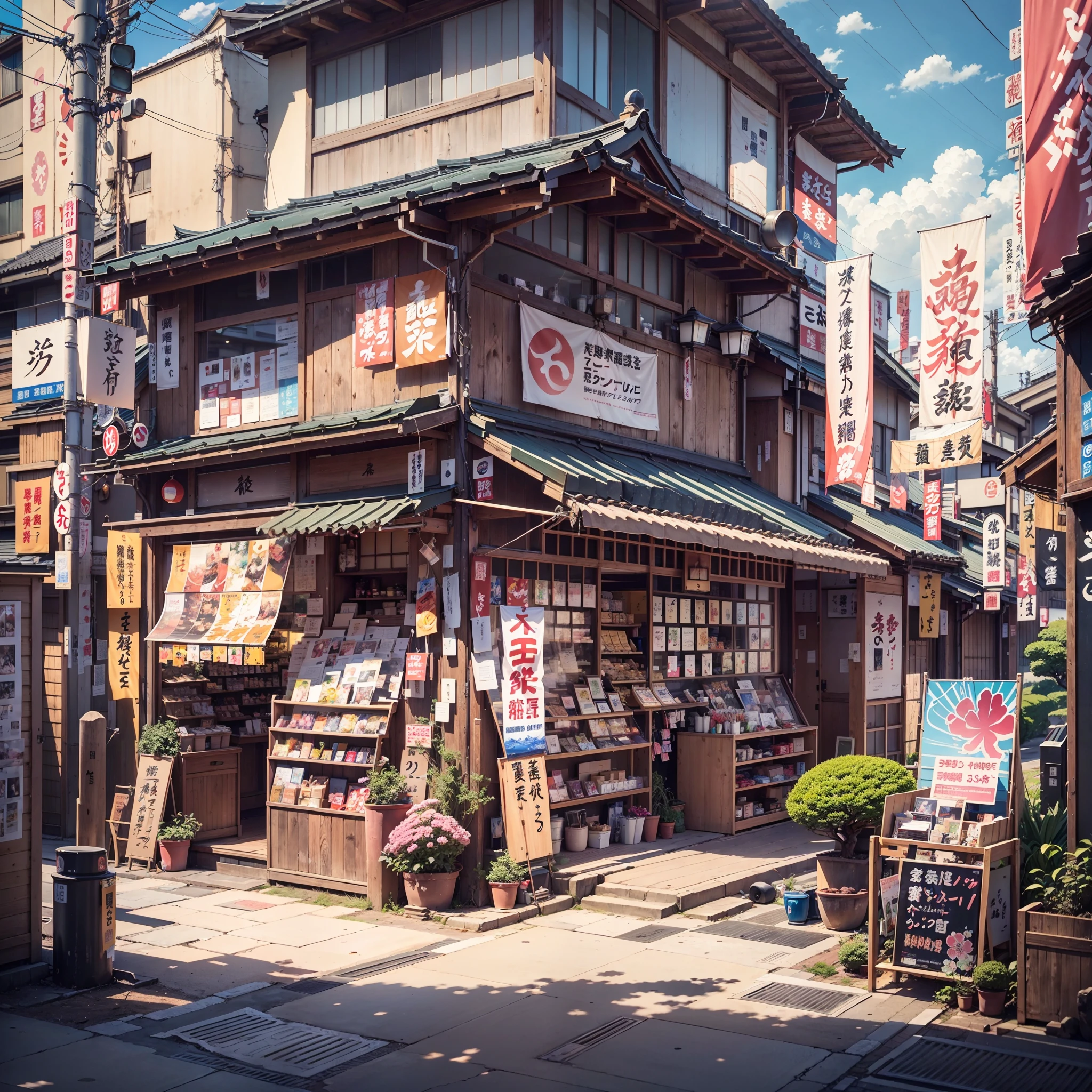 Sunny, Beautiful weather. Streets of modern Japan, Japanese restaurant. Best Quality. No one can see. Anime. Anime style. lofi. Dramatic weather. Wide View, Wide Angle. Next to the street. Modern village, Anime Background, anime wallpaper, Anime, Anime style, anime vibes, Signboard of the Japan shop, Japan Banner, masutepiece,
