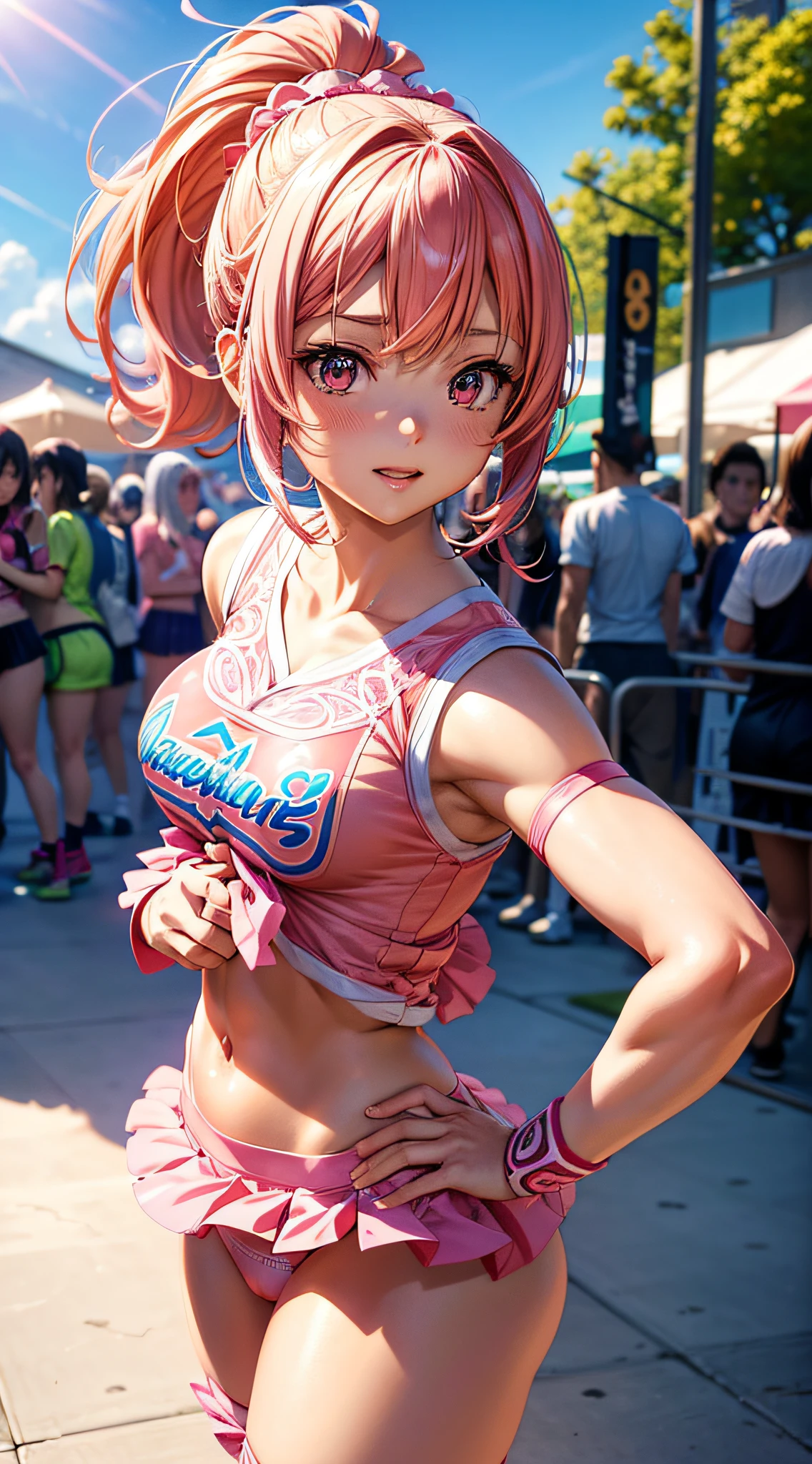 Anime girl in pink cheerleader costume posing, Anime CG soft art, Highly detailed Artgerm, Best 4K anime, Detailed digital anime art, Trending on ArtStation Pixiv, Anime Moe art style, Digital anime art, ArtStation Pixiv, (((intricate details, no underwear))),