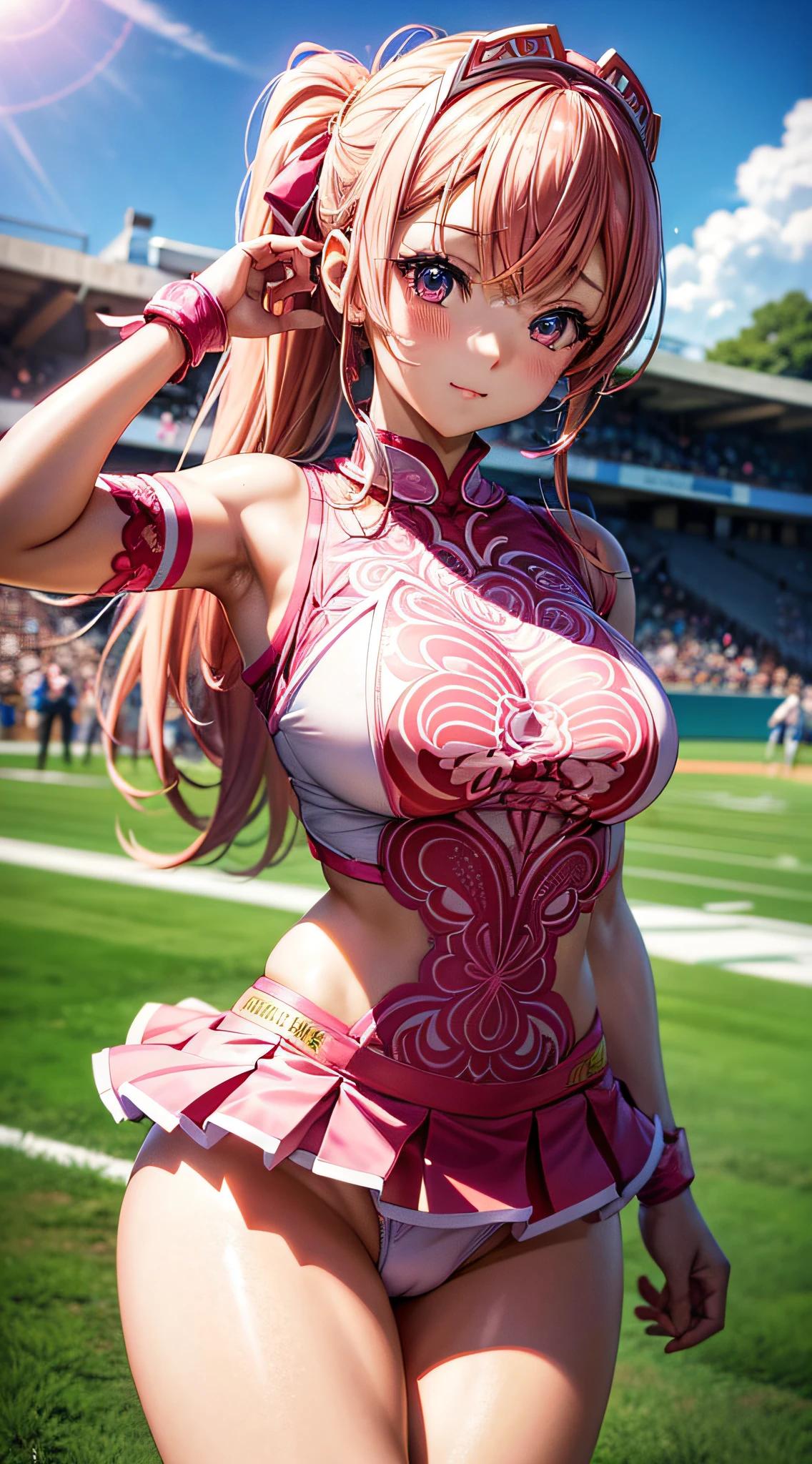 Anime girl in pink cheerleader costume posing, Anime CG soft art, Highly detailed Artgerm, Best 4K anime, Detailed digital anime art, Trending on ArtStation Pixiv, Anime Moe art style, Digital anime art, ArtStation Pixiv, (((intricate details, no underwear))),