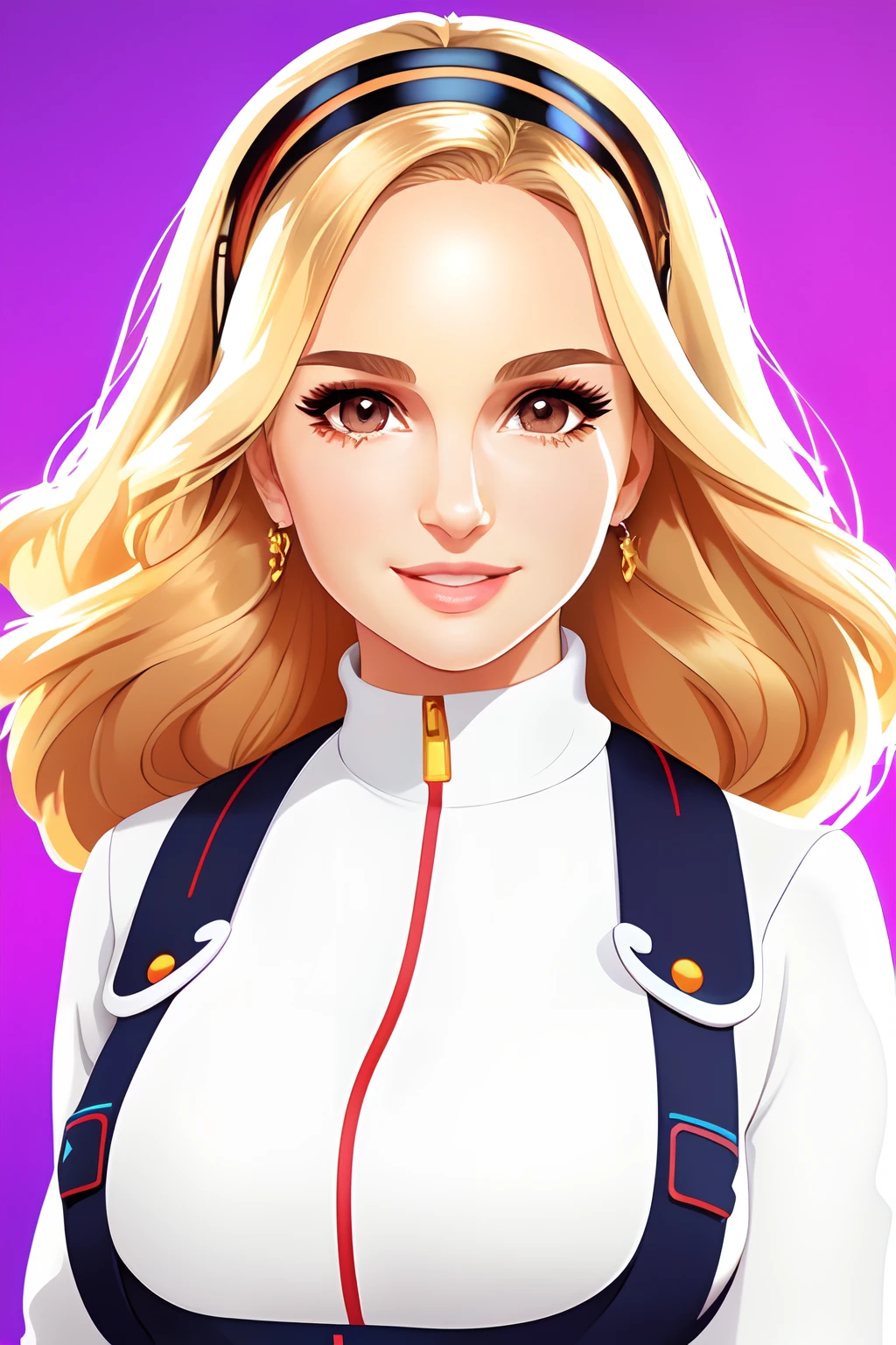 flat vector art, ABBA singer,cute woman,beautiful anime style woman,Natalie Portman,(pixar:1.1)brown eyes,smiling,Blonde hair,,flat colors,cute head,wide angle, clean detailed faces, intracate clothing, analogous colors, glowing shadows, beautiful gradient, depth of field, clean image, high quality, high detail, high definition, Luminous Studio graphics engine